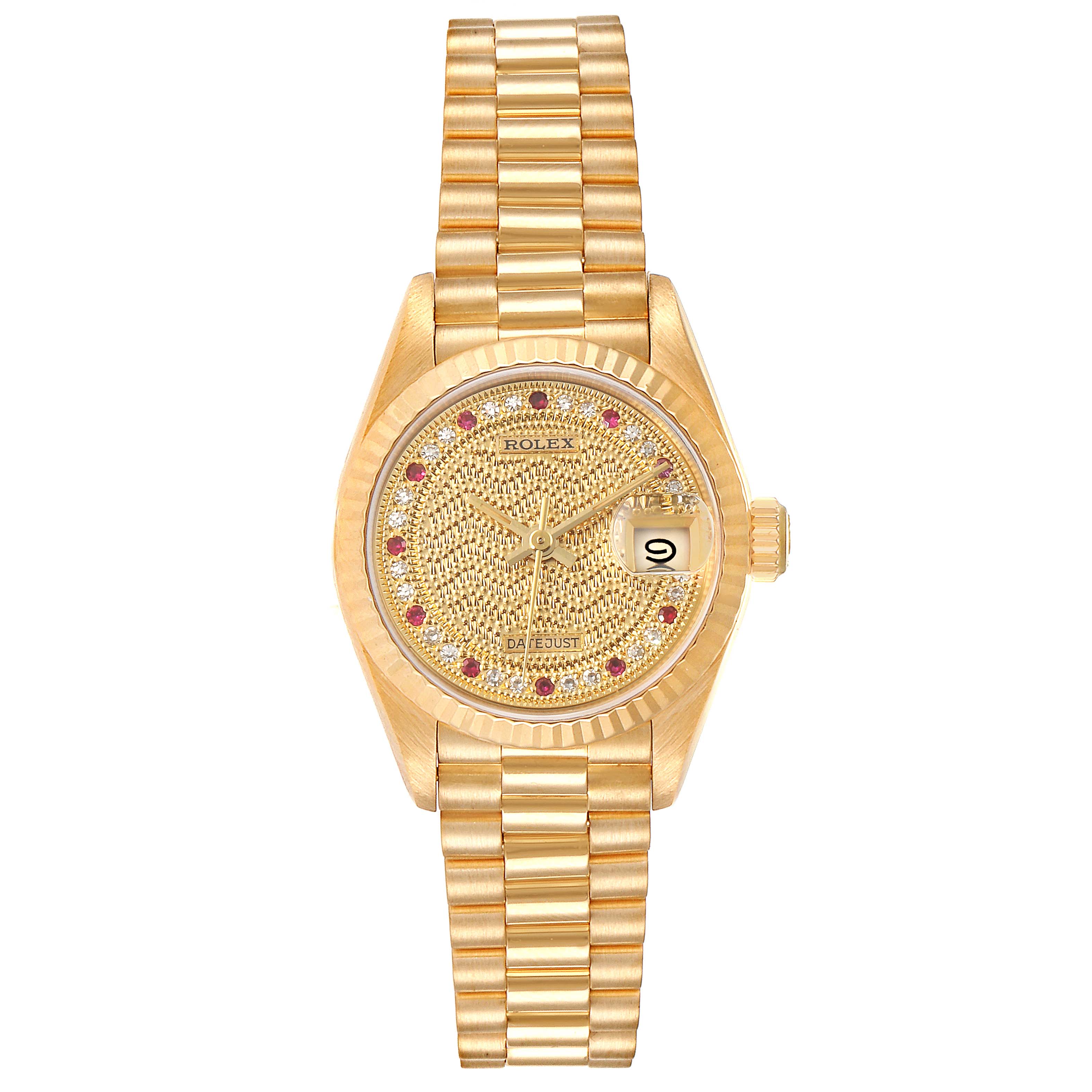 The image shows a Rolex President 69178 Women
s Yellow Gold Champagne Dial 69178 Women
s Yellow Gold Champagne Dial model watch from a front angle, displaying the face, bezel, crown, and bracelet.