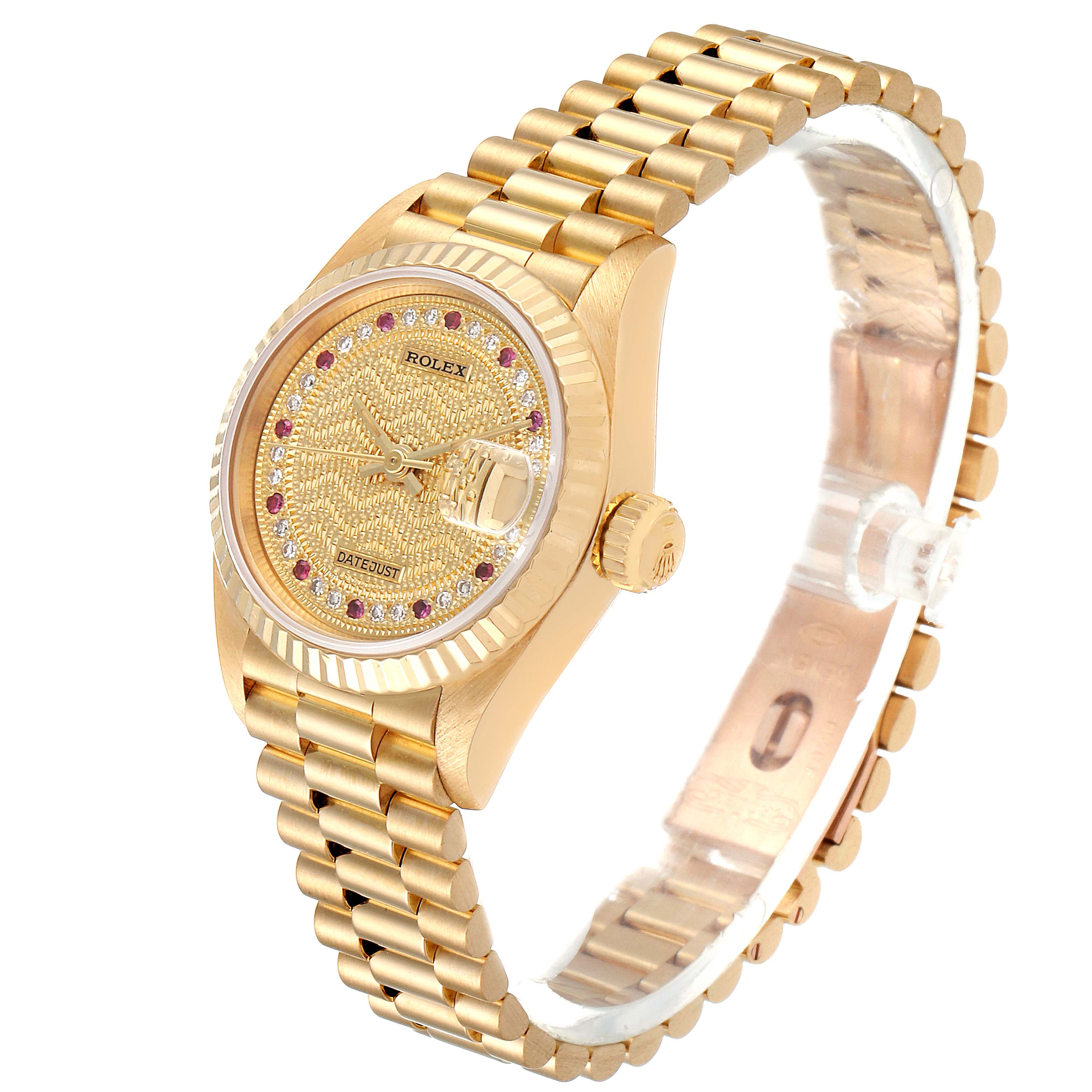 The image shows a Rolex President 69178 Women
s Yellow Gold Champagne Dial 69178 Women
s Yellow Gold Champagne Dial model watch from an angled side view, highlighting its bracelet, case, dial, and crown.