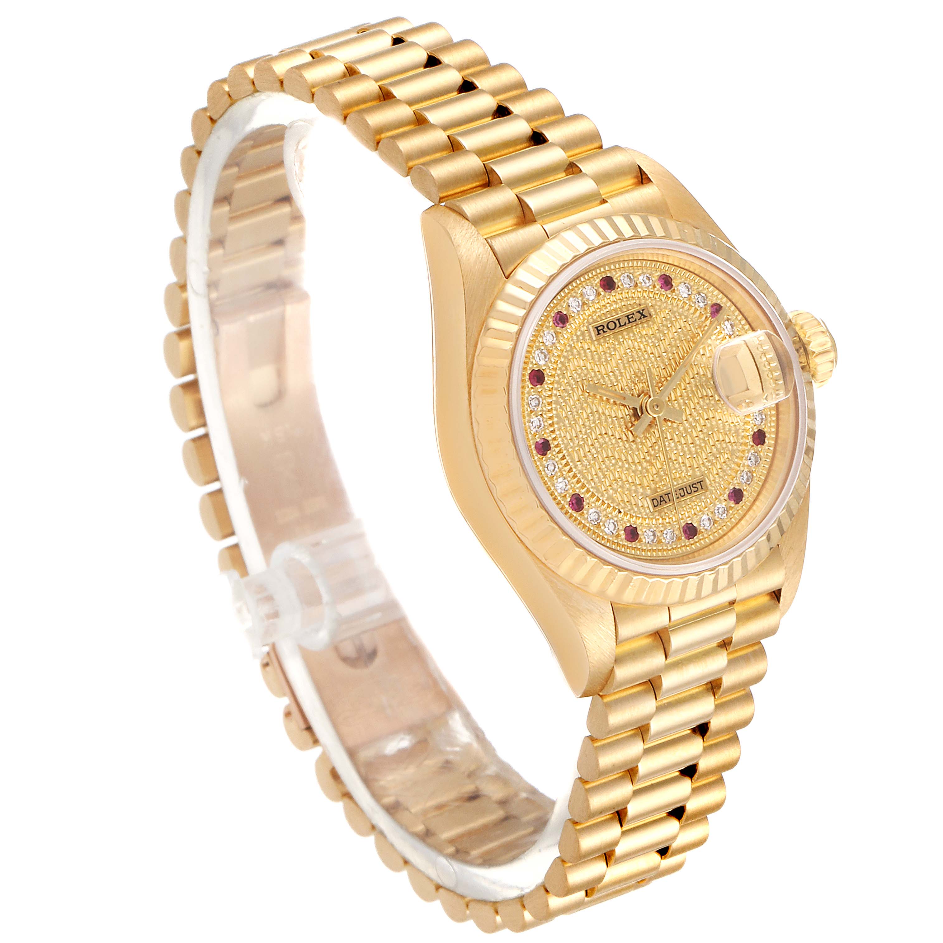 The image shows a Rolex President 69178 Women
s Yellow Gold Champagne Dial 69178 Women
s Yellow Gold Champagne Dial model watch at a three-quarter angle, highlighting its gold bracelet, dial, and case.