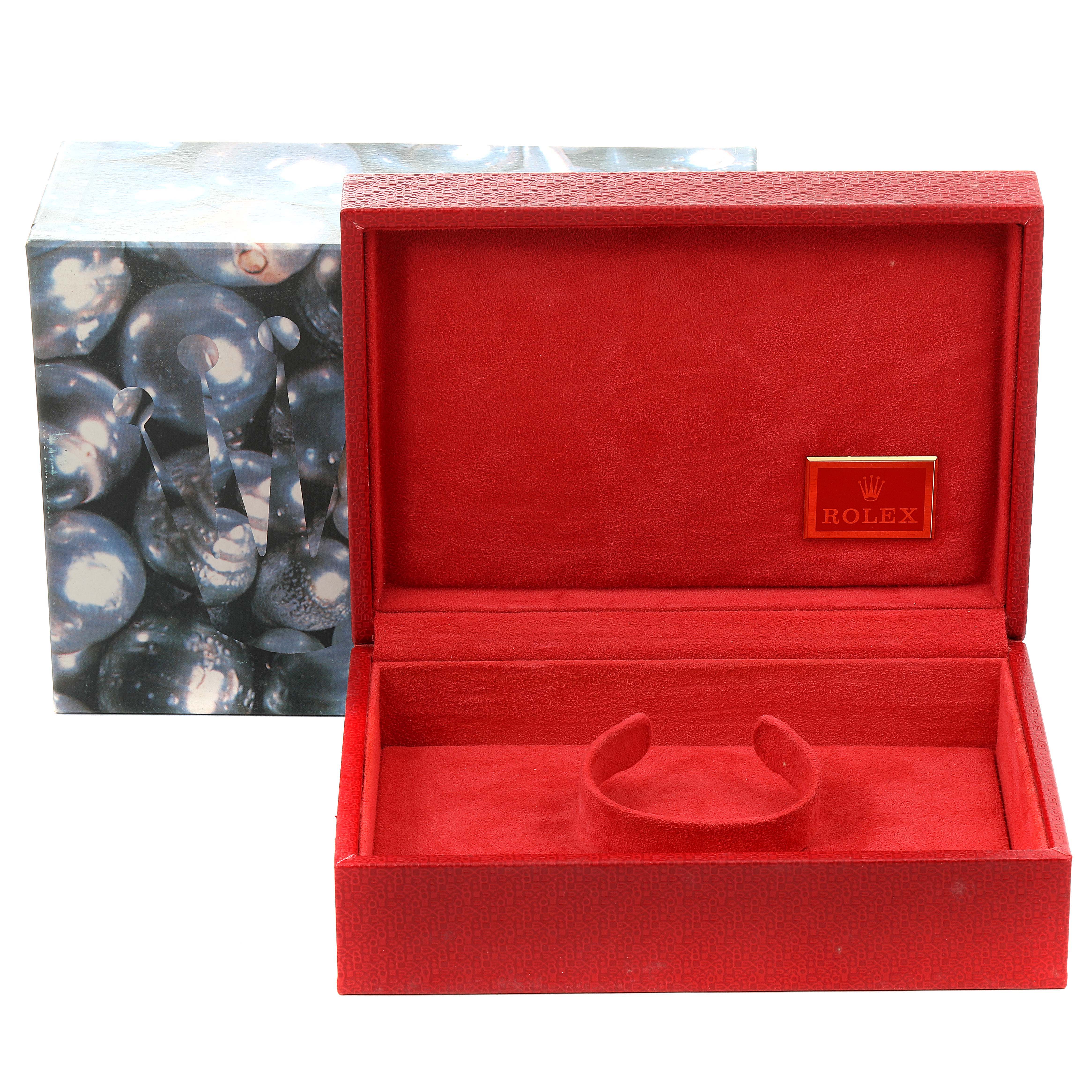 The image shows an open red watch box for a Rolex President 69178 Women
s Yellow Gold Champagne Dial 69178 Women
s Yellow Gold Champagne Dial model, with branding visible inside the lid and on the exterior box.