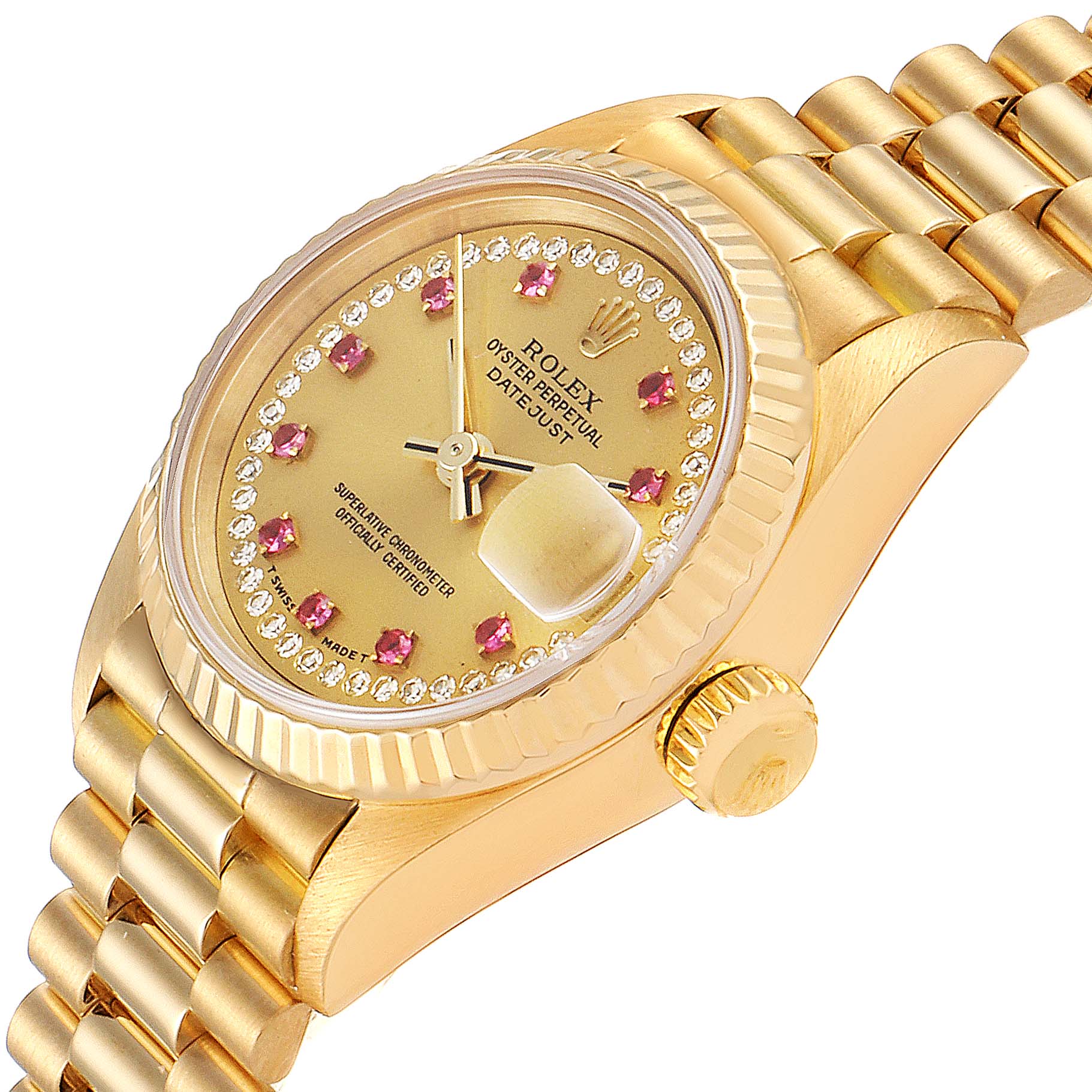 The Rolex President 69178 Women
s Yellow Gold Champagne Dial 69178 Women
s Yellow Gold Champagne Dial model watch is shown at an angle highlighting its gold case, bracelet, diamond bezel, and ruby hour markers.