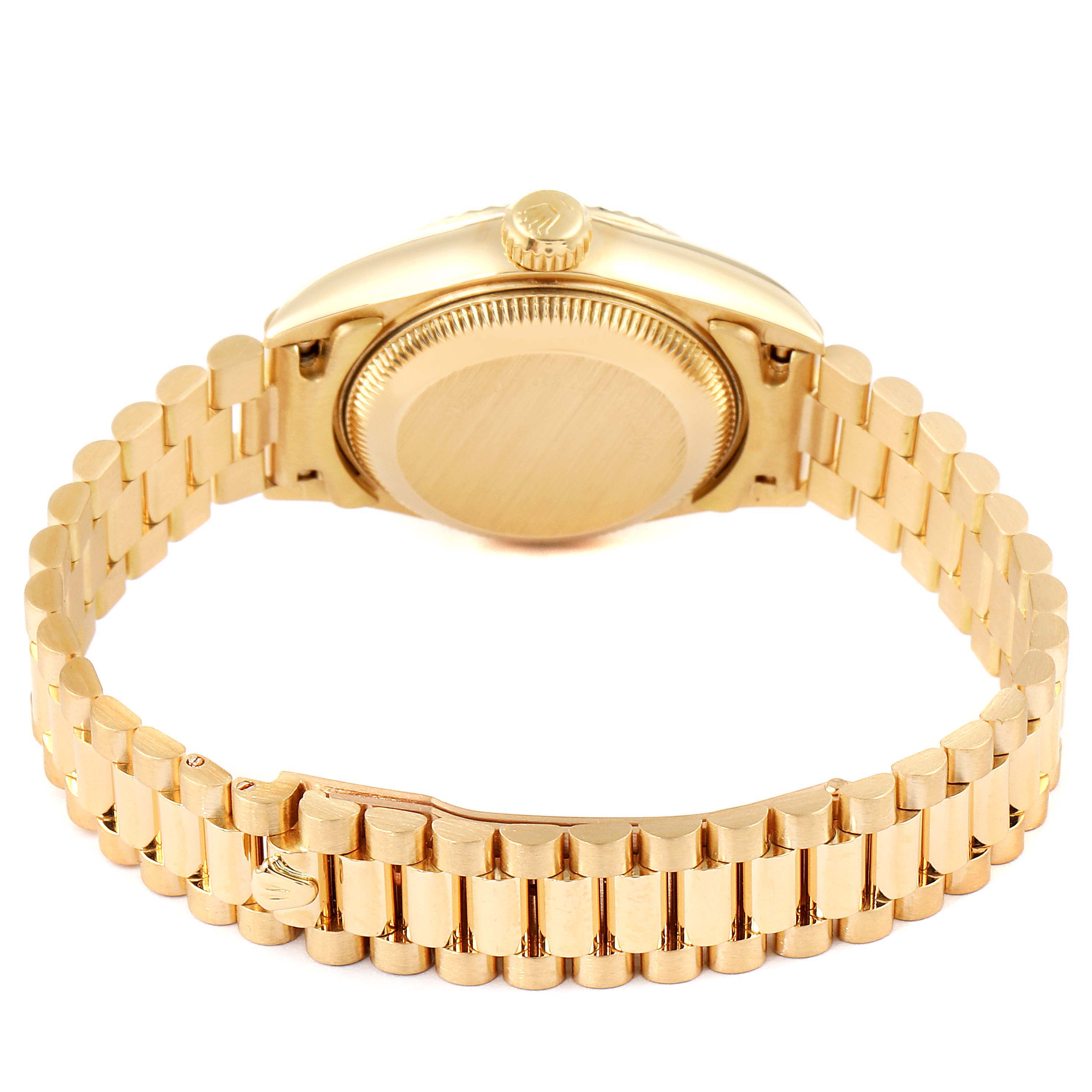 The image shows the back view of a Rolex President 69178 Women
s Yellow Gold Champagne Dial 69178 Women
s Yellow Gold Champagne Dial model watch, highlighting its case back and bracelet.