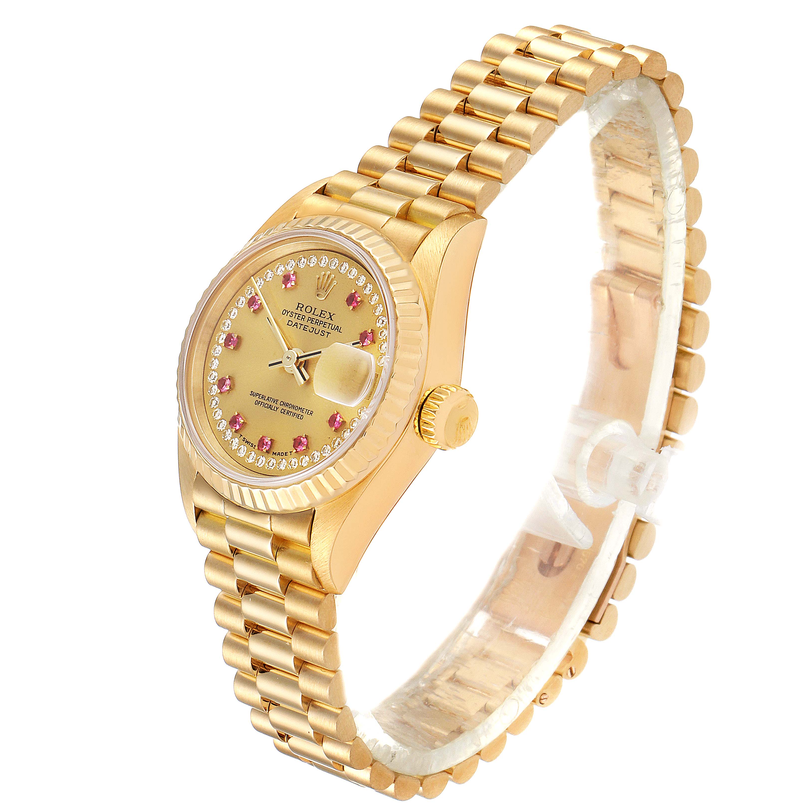 The image shows a Rolex President 69178 Women
s Yellow Gold Champagne Dial 69178 Women
s Yellow Gold Champagne Dial model watch at an angle highlighting its gold bracelet, dial, crown, and case.