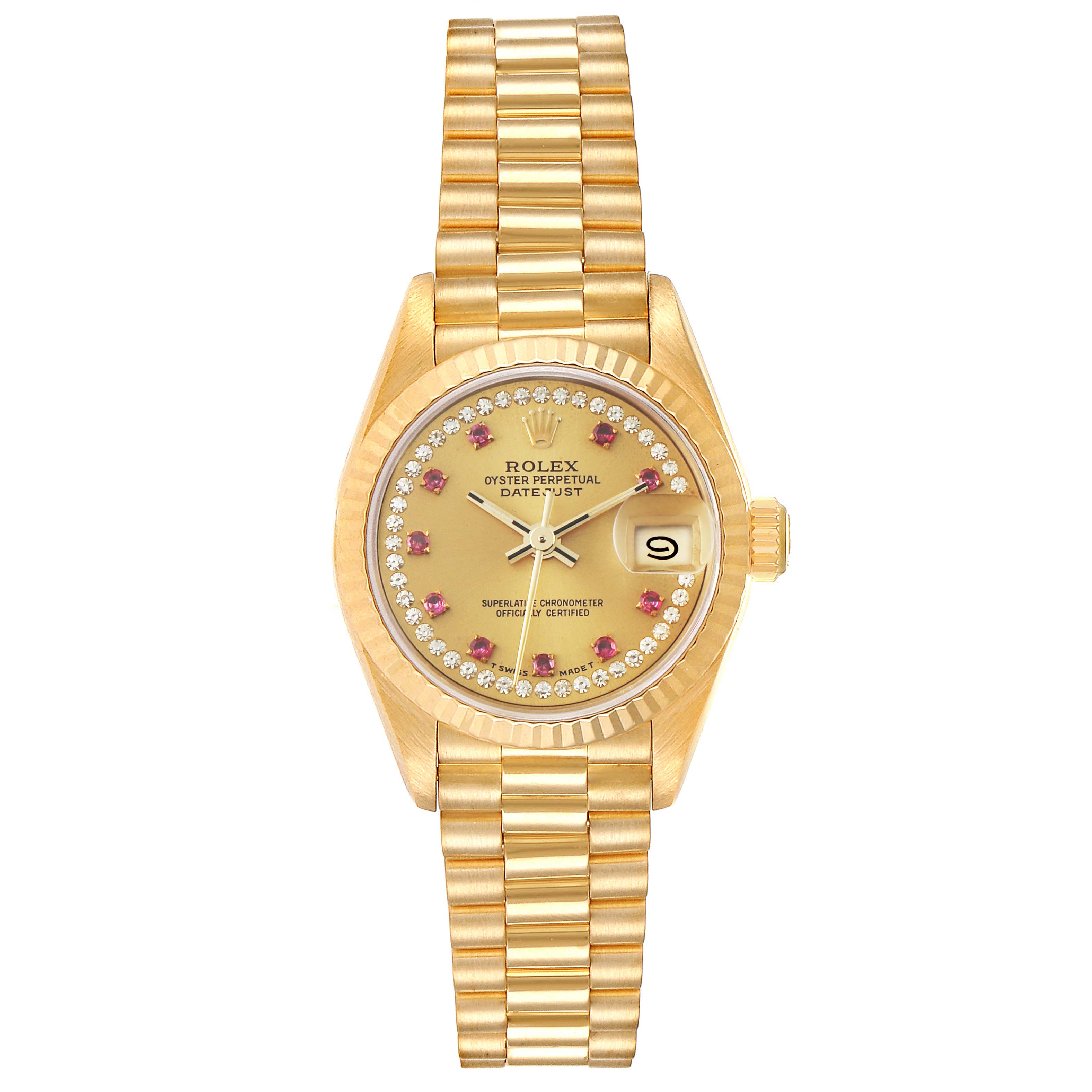 The image shows a front view of a Rolex President 69178 Women
s Yellow Gold Champagne Dial 69178 Women
s Yellow Gold Champagne Dial model watch, highlighting its gold bracelet, bezel, and dial with a date window.
