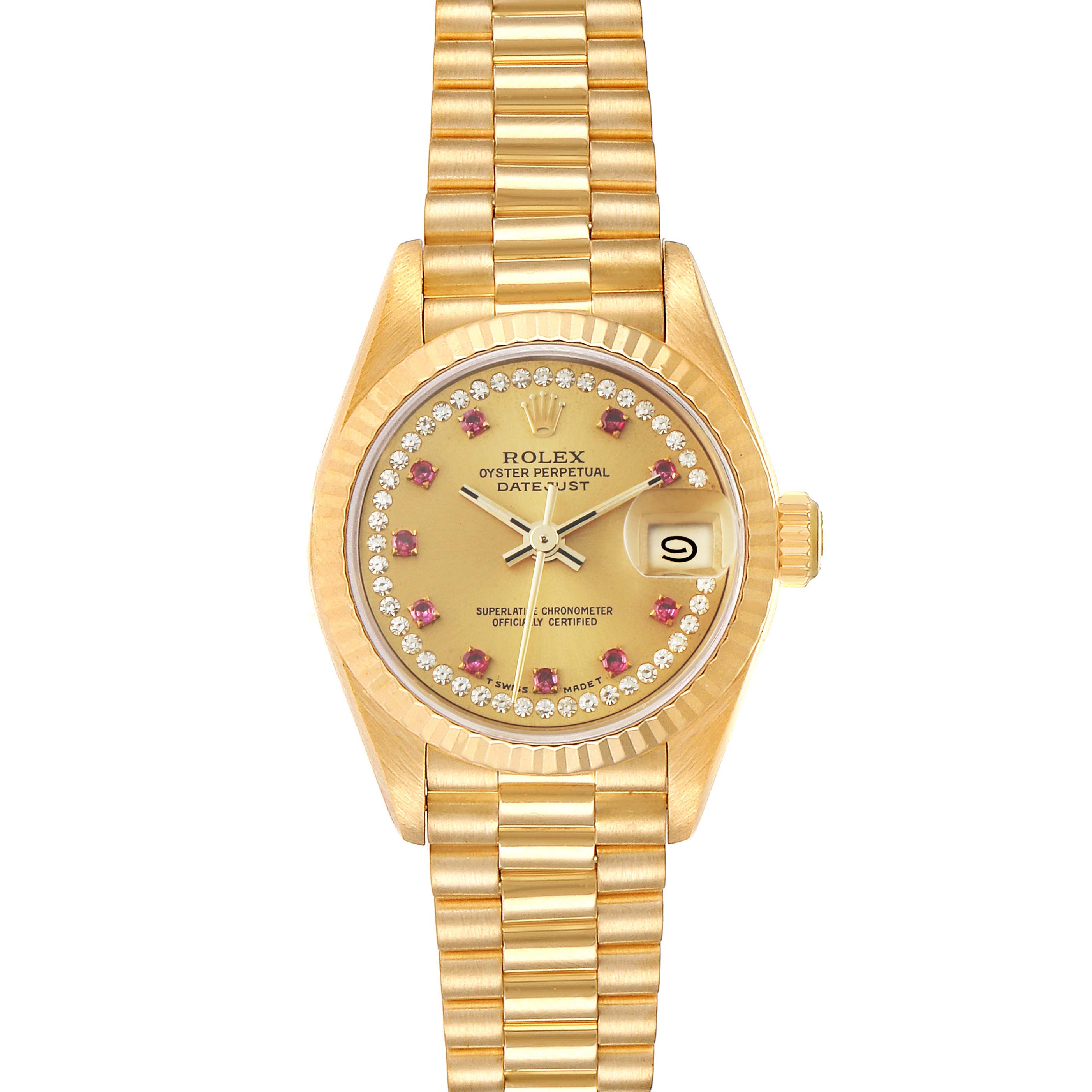 The image shows a frontal view of the Rolex President 69178 Women
s Yellow Gold Champagne Dial 69178 Women
s Yellow Gold Champagne Dial model watch, showcasing its dial, bezel, and bracelet.