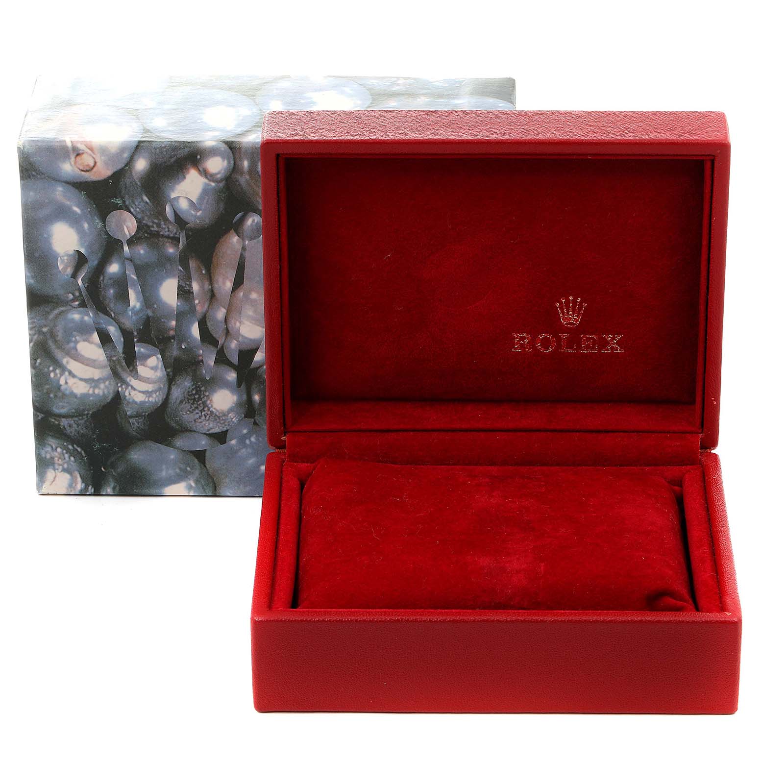 The image shows an open, red Rolex watch box for the President model, with the outer box featuring a pearl-like design.