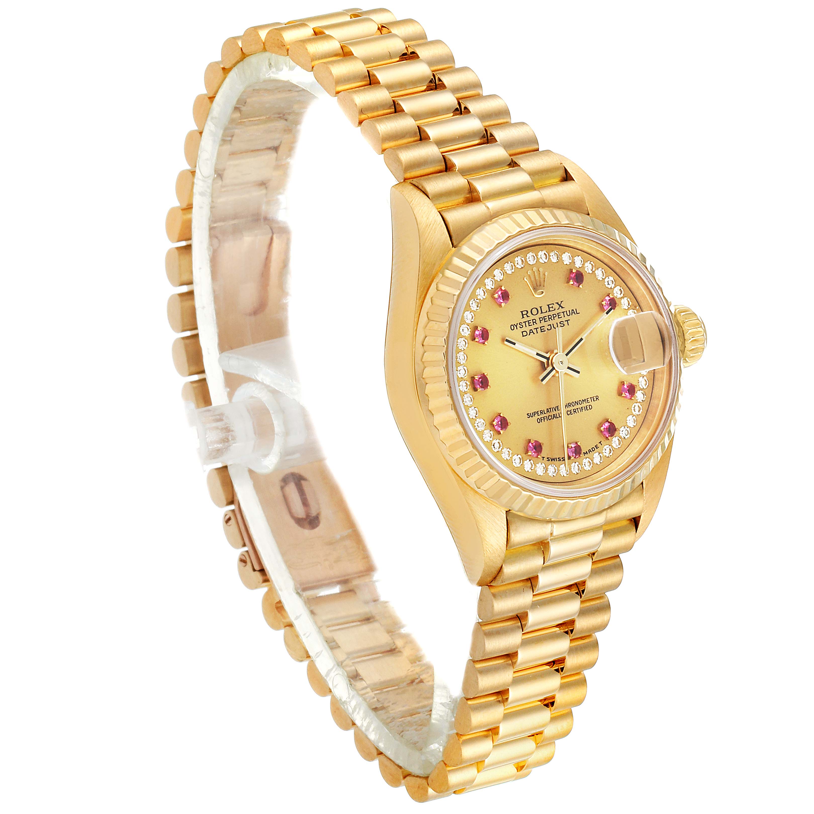 This image shows a Rolex President 69178 Women
s Yellow Gold Champagne Dial 69178 Women
s Yellow Gold Champagne Dial model wristwatch at a slightly elevated side angle, highlighting the face, bezel, and band.