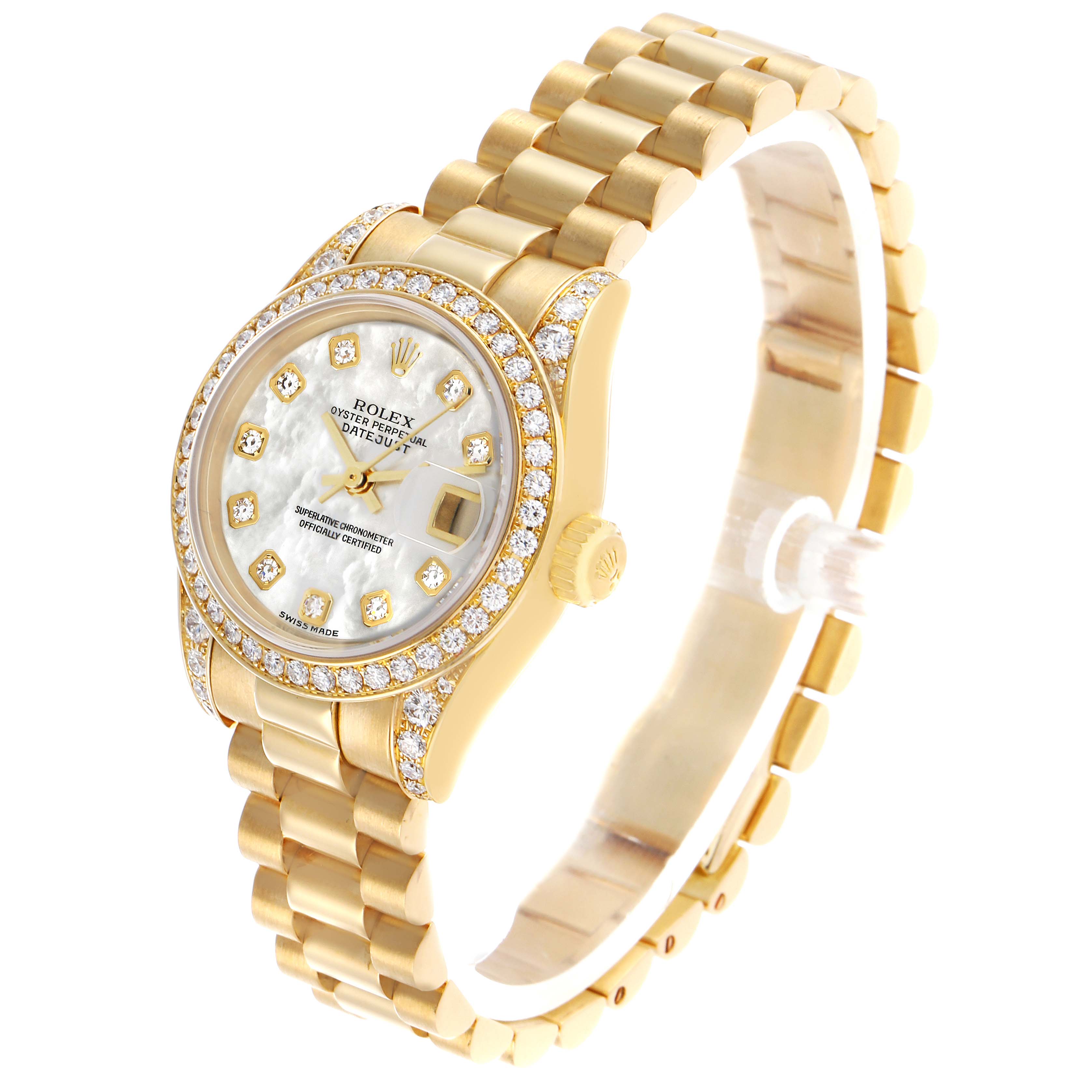 The Rolex President 179158 Women's Yellow Gold Mother of Pearl Dial model is shown at an angled view, displaying the watch face, bracelet, and diamond-set bezel.