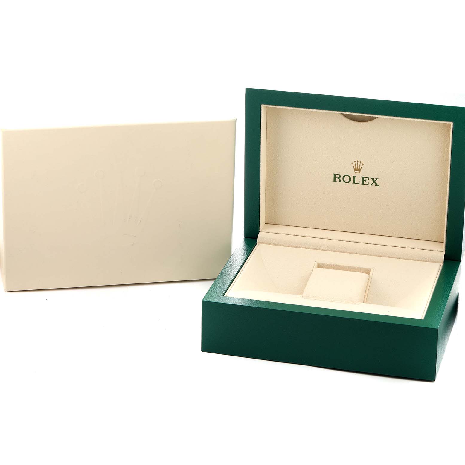 The image shows an open Rolex President 179158 Women's Yellow Gold Mother of Pearl Dial model watch box at an angled view with the Rolex logo inside.