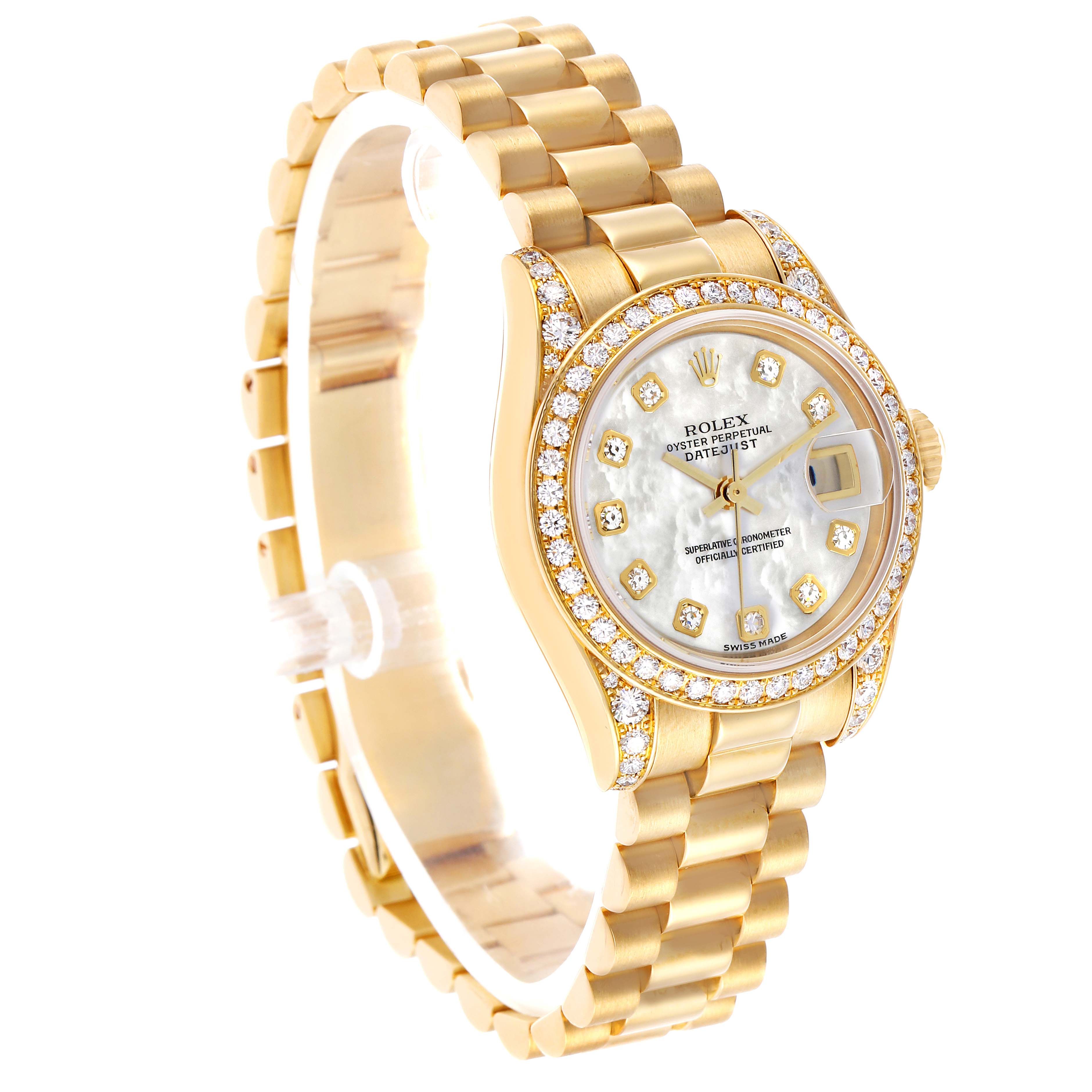 The Rolex President 179158 Women's Yellow Gold Mother of Pearl Dial watch is shown at an angled view, highlighting its gold bracelet, diamond bezel, and mother-of-pearl dial.