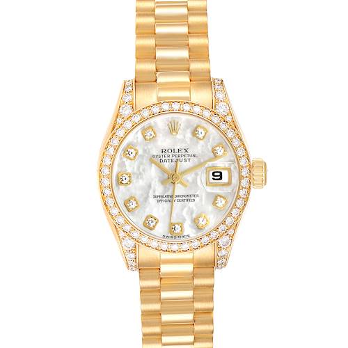 The Rolex President 179158 Women's Yellow Gold Mother of Pearl Dial model is shown from a top-down angle, highlighting the gold bracelet, diamond bezel, and watch face with date display.