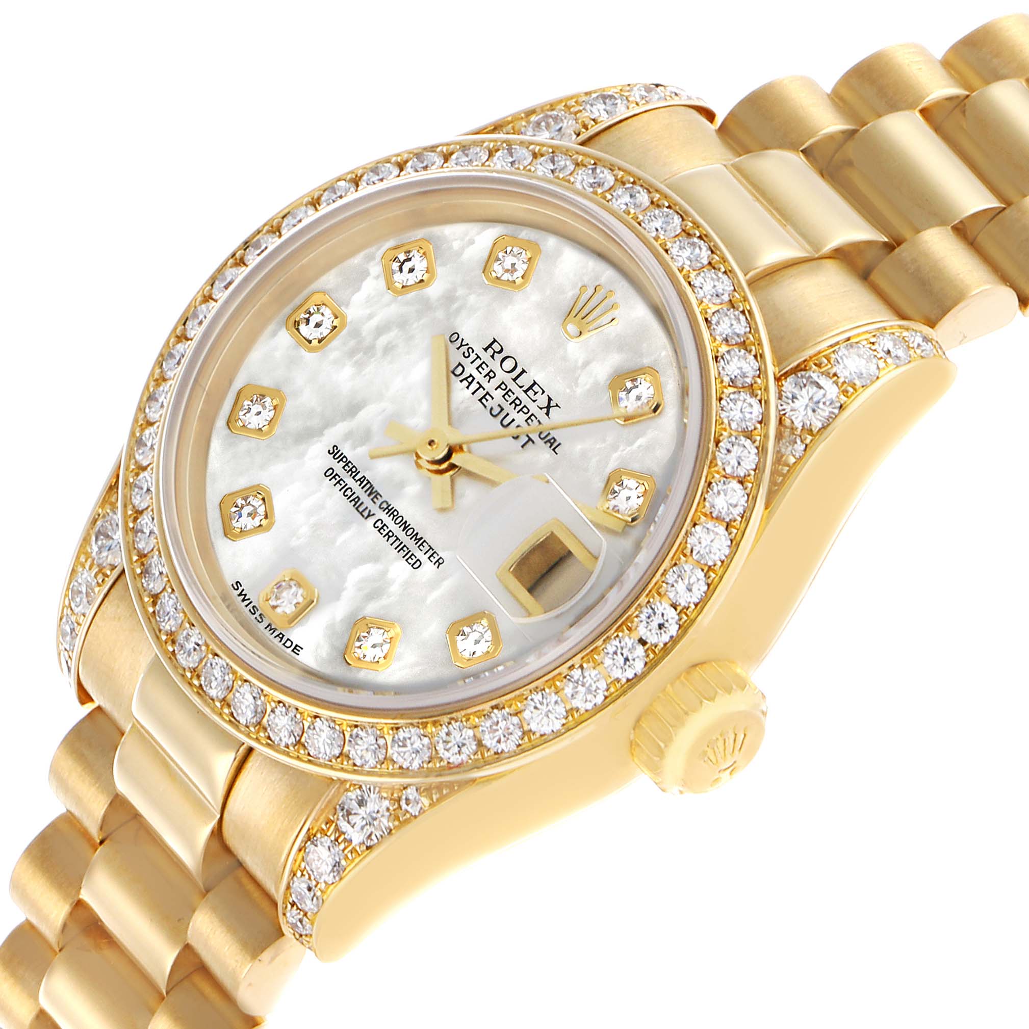 The Rolex President 179158 Women's Yellow Gold Mother of Pearl Dial model is shown at an angled close-up, highlighting the diamond-studded bezel, dial, and bracelet.