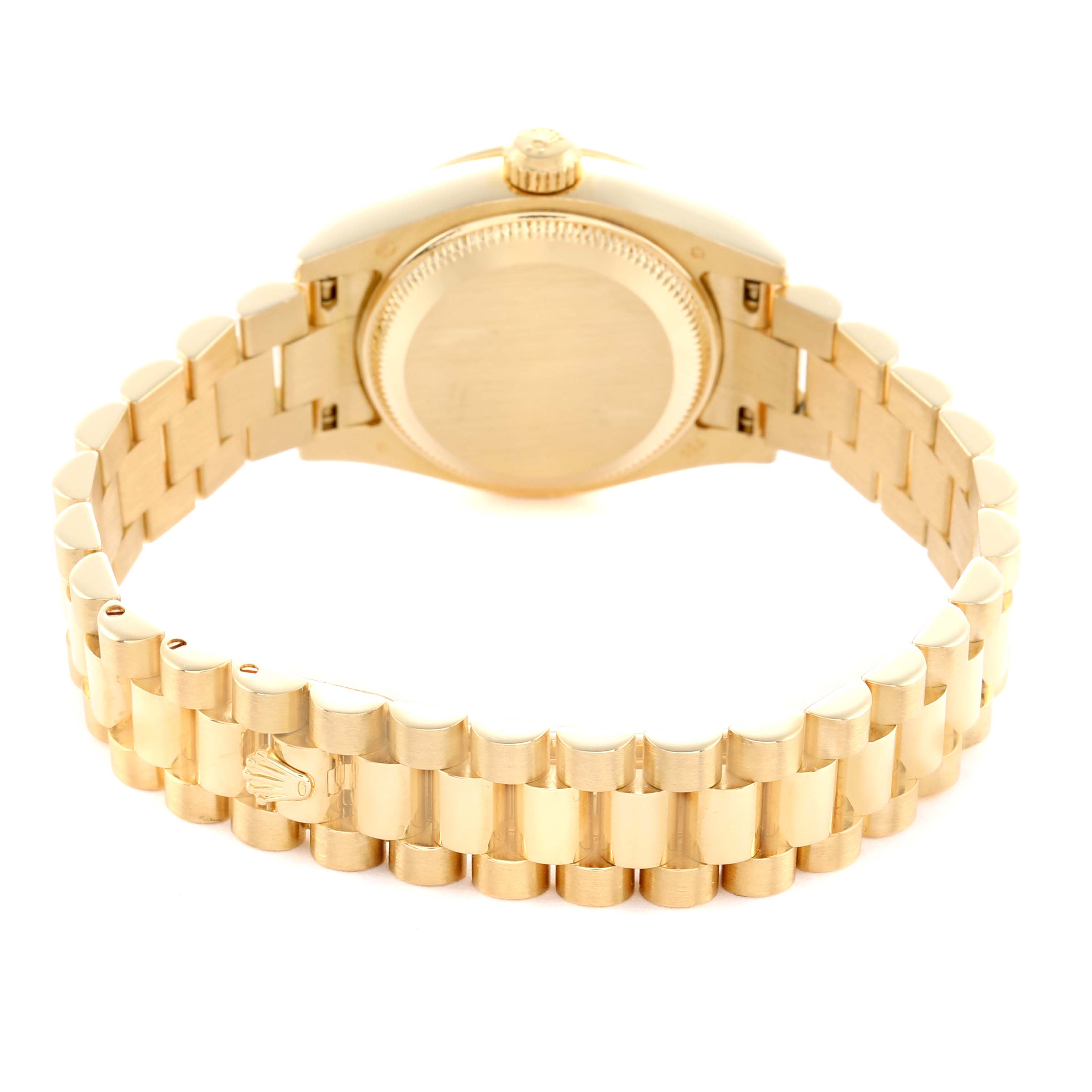 The image shows the back and bracelet of a Rolex President 179158 Women's Yellow Gold Mother of Pearl Dial model, highlighting its gold finish and iconic bracelet design.