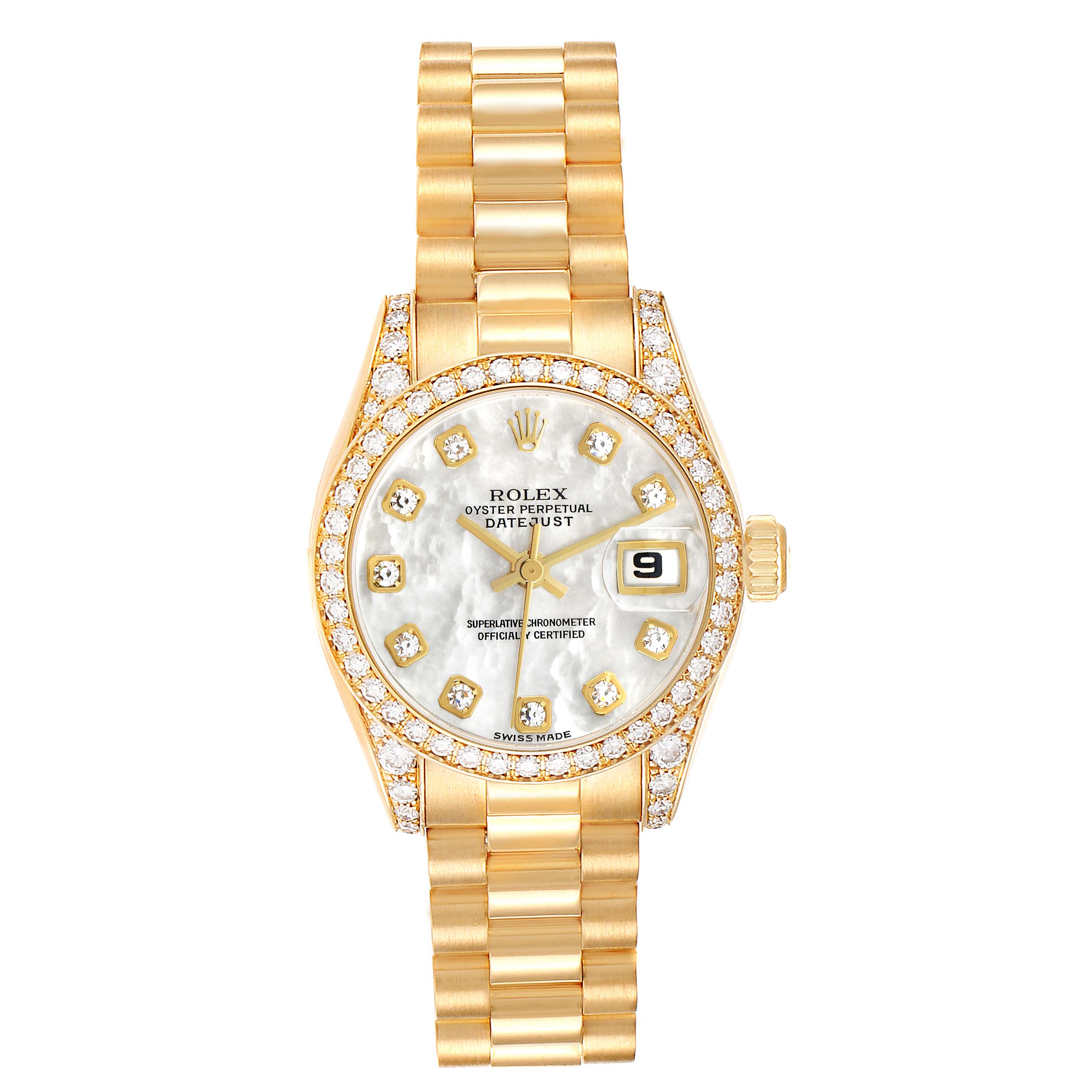 The Rolex President 179158 Women's Yellow Gold Mother of Pearl Dial model watch is shown from a top-down angle, highlighting the face, bezel, and bracelet.