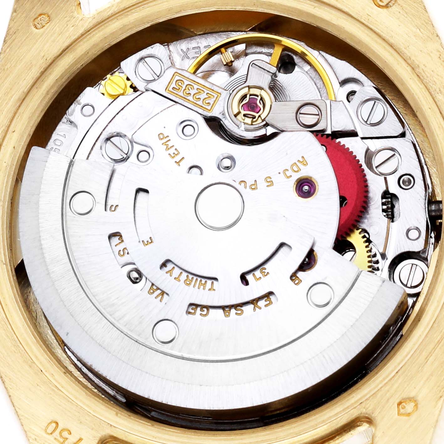 The image shows the open case back of a Rolex President 179158 Women's Yellow Gold Mother of Pearl Dial model, revealing its intricate movement components.