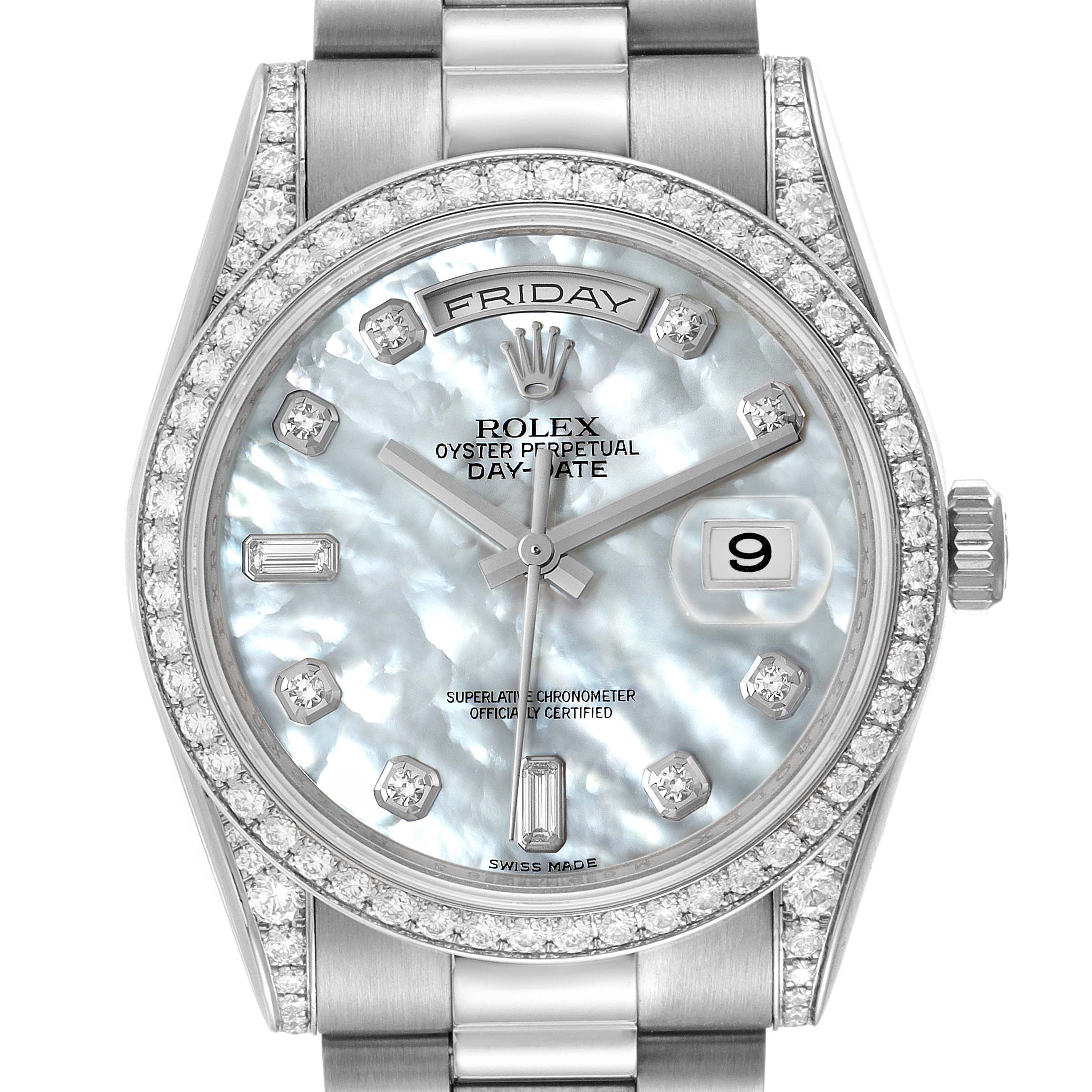 This Rolex President 118389 Men's White Gold Mother of Pearl Dial 118389 Men's White Gold Mother of Pearl Dial model watch is shown from a top angle, displaying the face, bezel, crown, and part of the band.