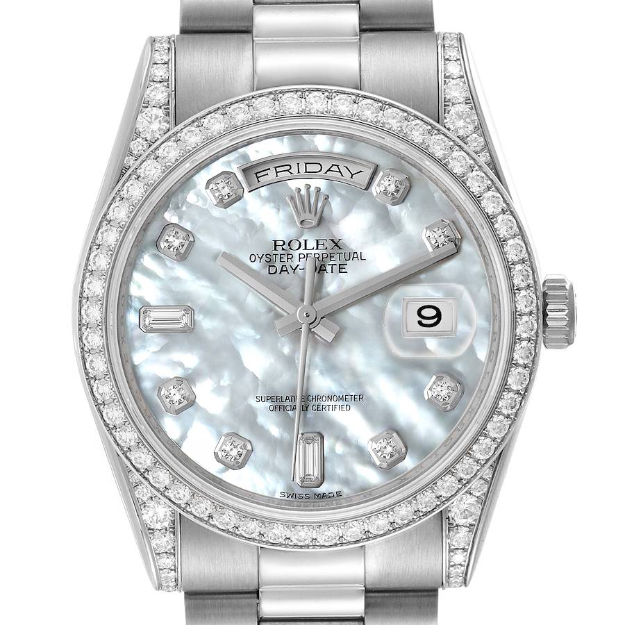 Rolex President Day-Date 18k White Gold MOP Diamond Watch 118389 Box Card SwissWatchExpo