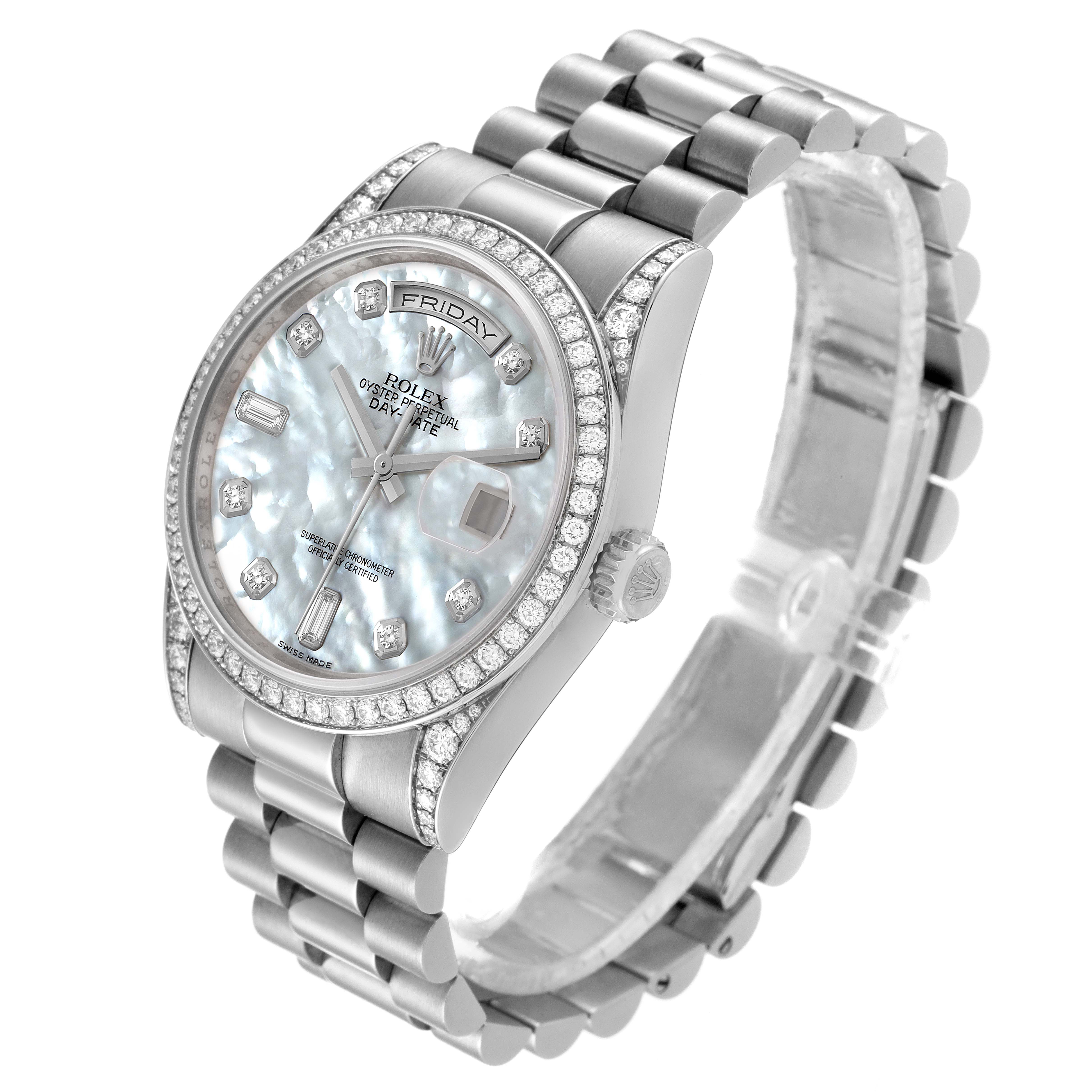 The Rolex President 118389 Men's White Gold Mother of Pearl Dial 118389 Men's White Gold Mother of Pearl Dial model watch is shown at a right three-quarter angle, highlighting its face, bezel, and bracelet.