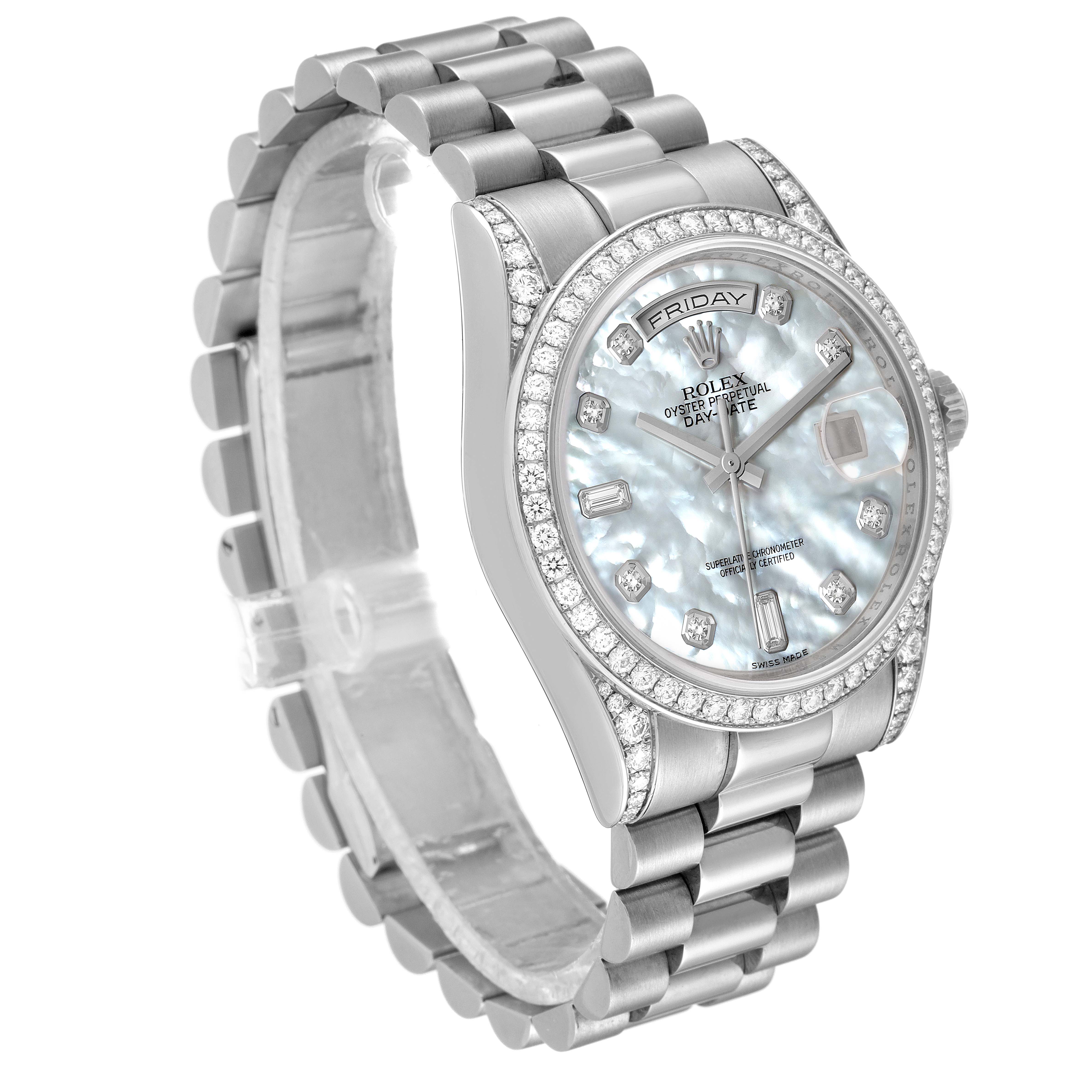 This image shows the Rolex President 118389 Men's White Gold Mother of Pearl Dial 118389 Men's White Gold Mother of Pearl Dial model watch at a slight angle, highlighting the band, bezel, and face.