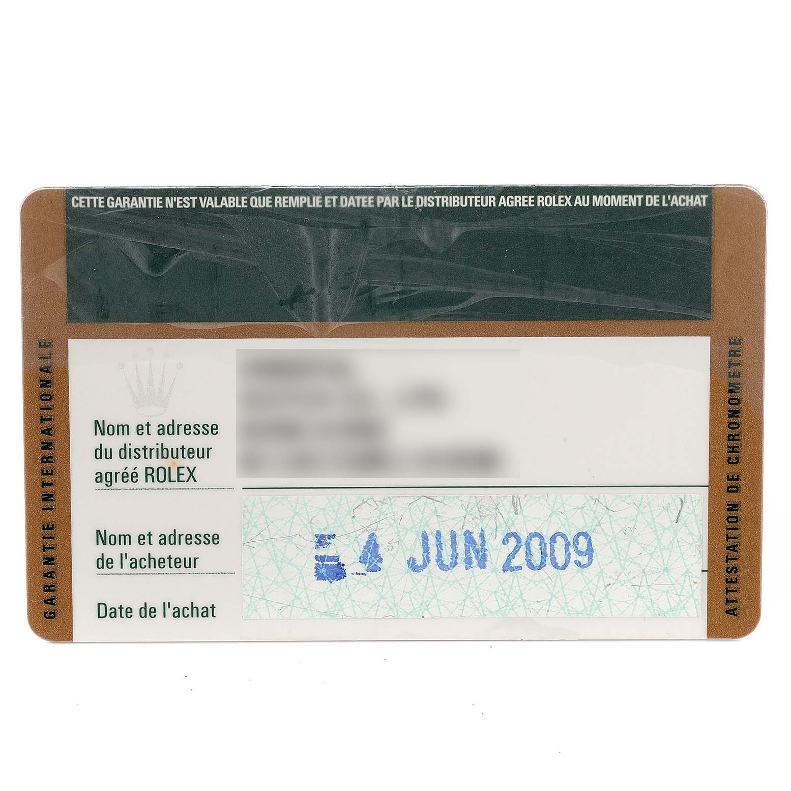 This is a guarantee card for the Rolex President 118389 Men's White Gold Mother of Pearl Dial 118389 Men's White Gold Mother of Pearl Dial model, showing purchase date and distributor information.