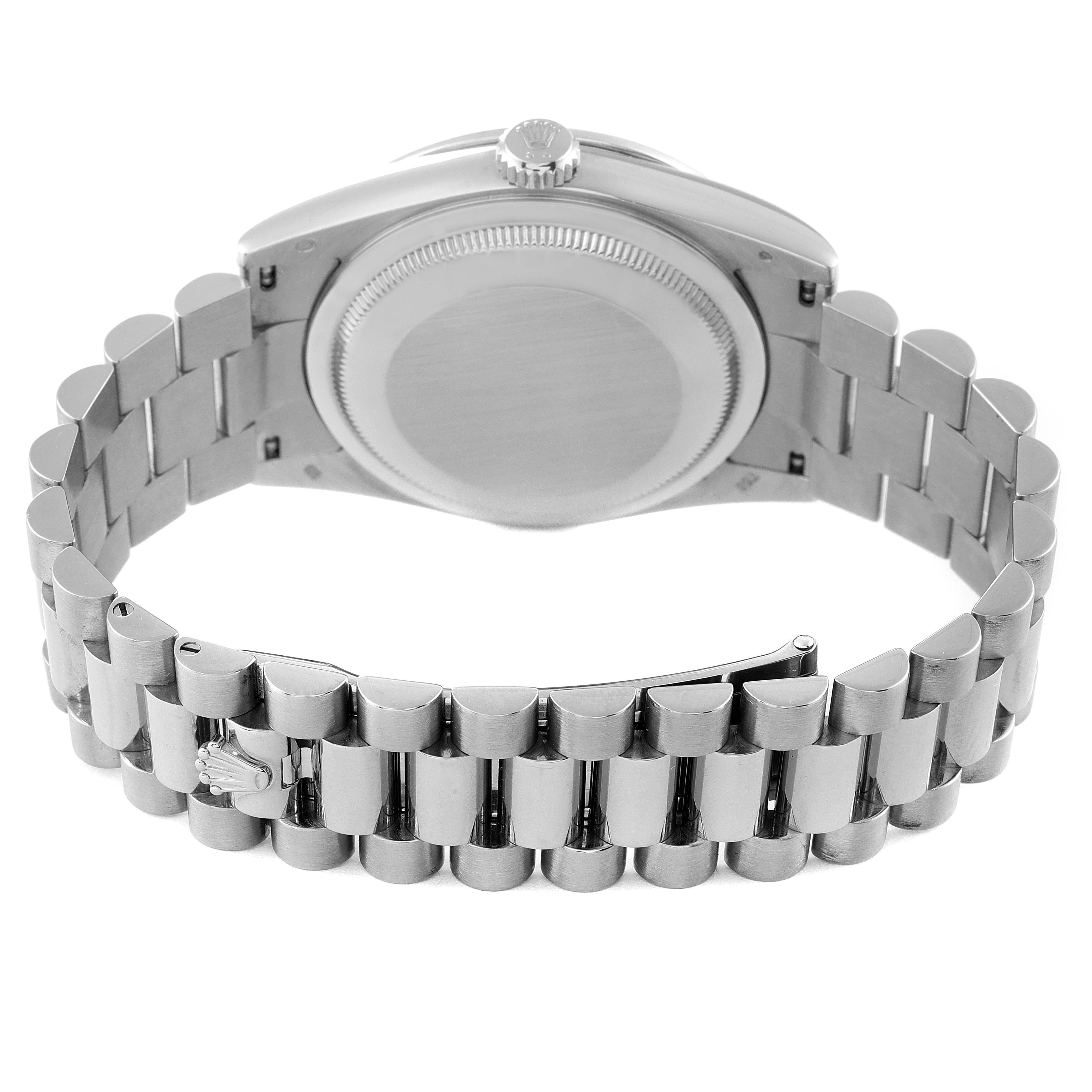 The image shows the back case and the bracelet of a Rolex President 118389 Men's White Gold Mother of Pearl Dial 118389 Men's White Gold Mother of Pearl Dial model watch from a rear angle.