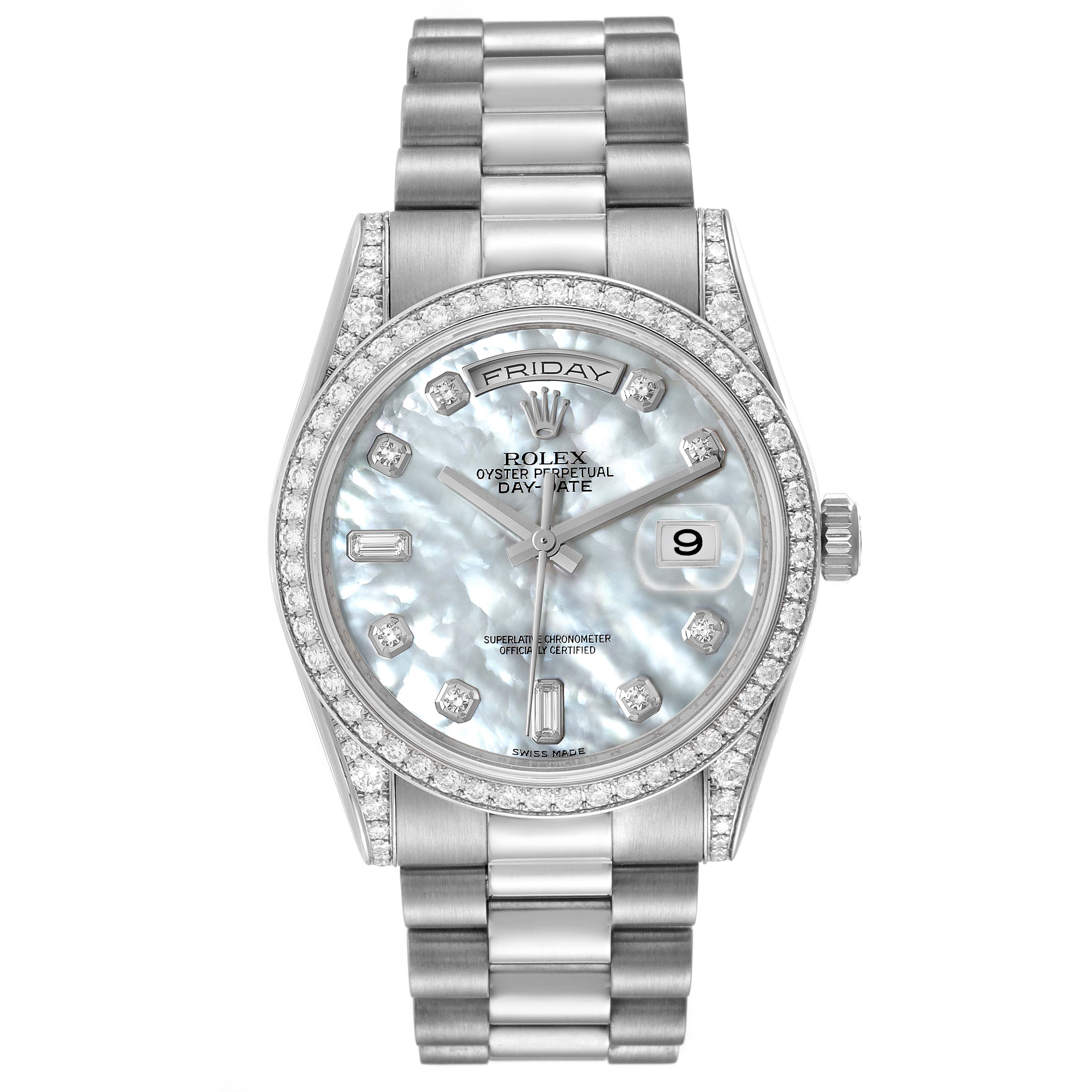 The Rolex President 118389 Men's White Gold Mother of Pearl Dial 118389 Men's White Gold Mother of Pearl Dial model watch is shown from a front view, displaying its dial, bezel, and bracelet.