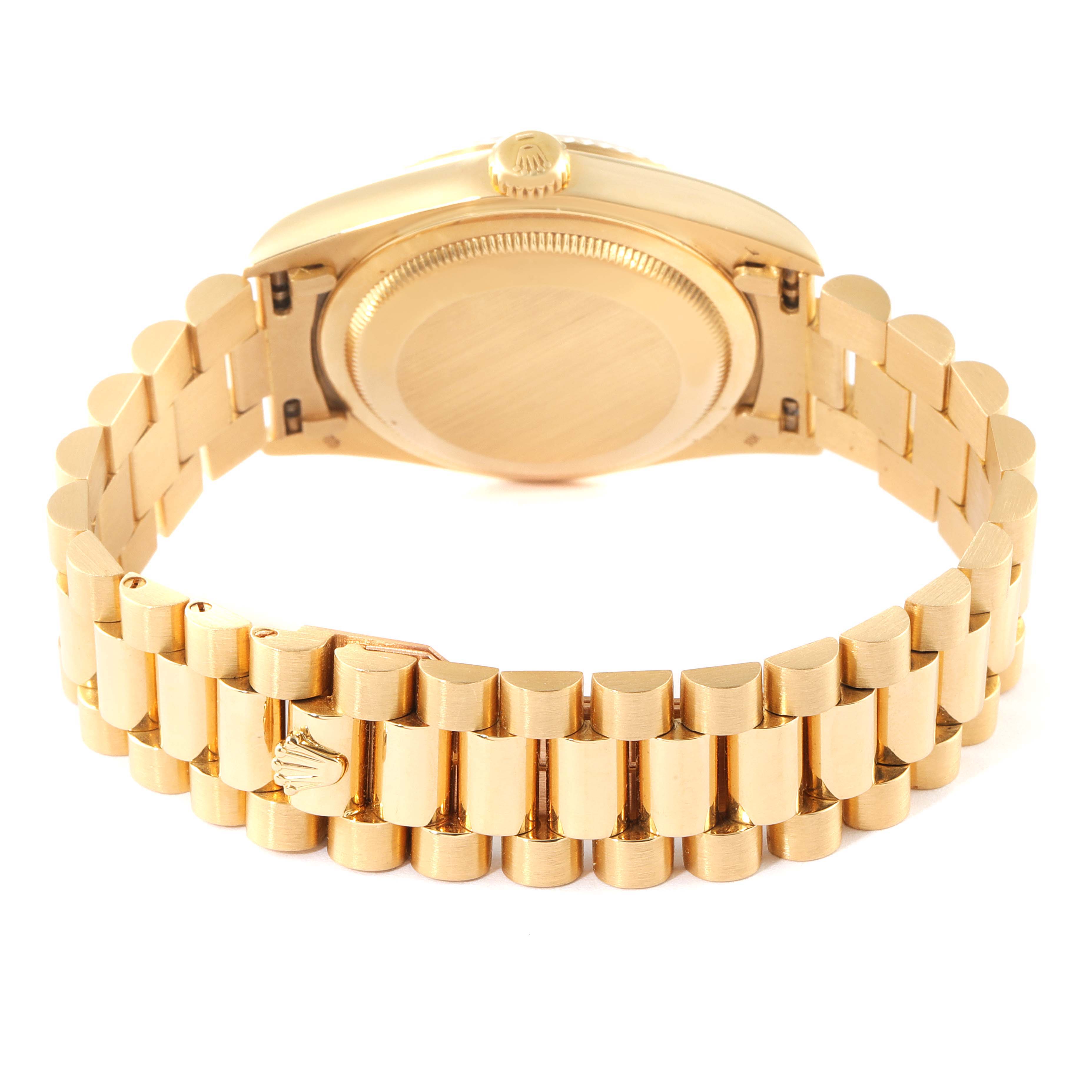 The image shows the back view of a Rolex President 18238 Men's Yellow Gold Champagne Dial 18238 Men's Yellow Gold Champagne Dial model watch, highlighting the bracelet and case back.