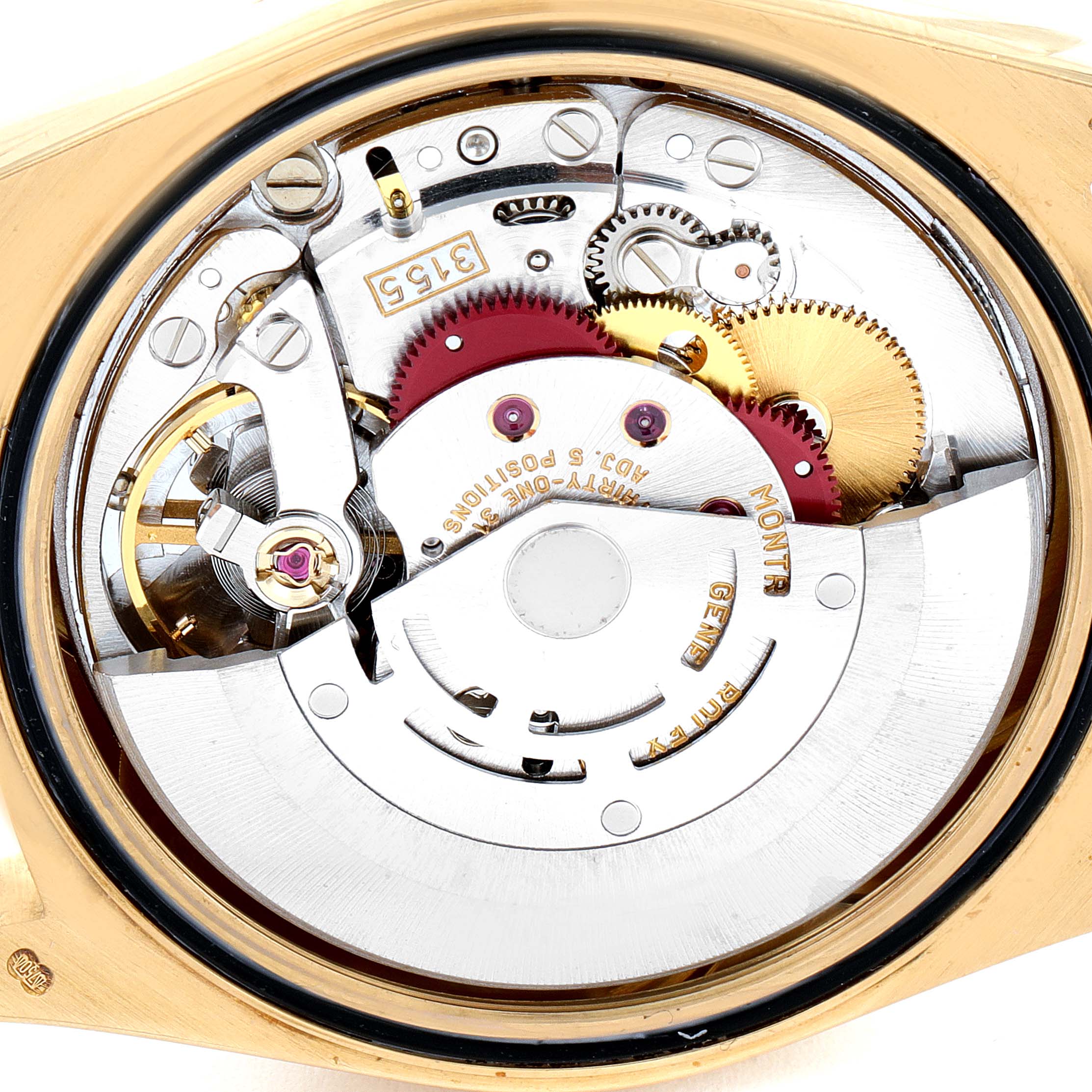 This is an internal view of the Rolex President 18238 Men's Yellow Gold Champagne Dial 18238 Men's Yellow Gold Champagne Dial model, showing its mechanical movement components.