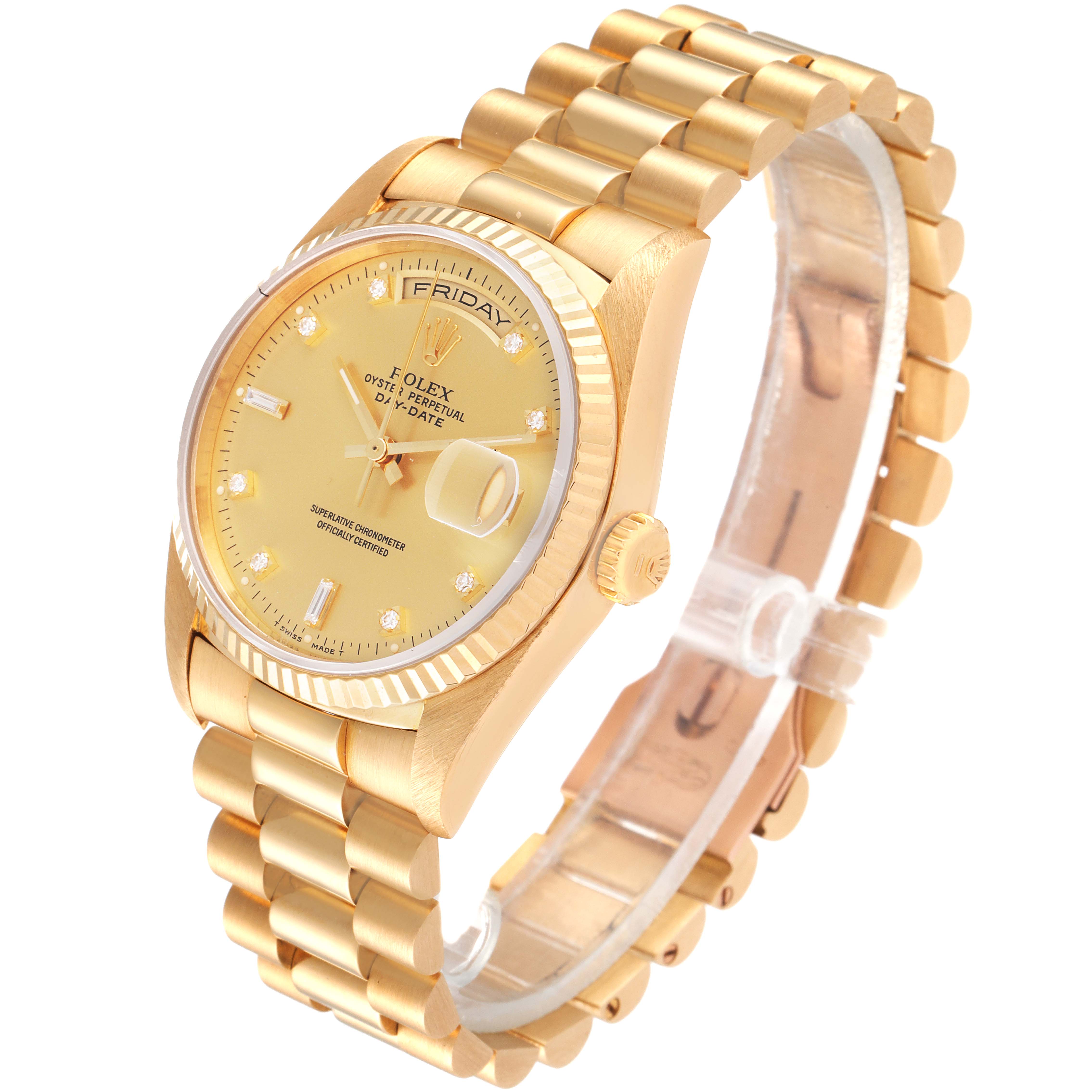 The Rolex President 18238 Men's Yellow Gold Champagne Dial 18238 Men's Yellow Gold Champagne Dial model watch is shown from a front-left angle, displaying the face, band, bezel, crown, and part of the bracelet.