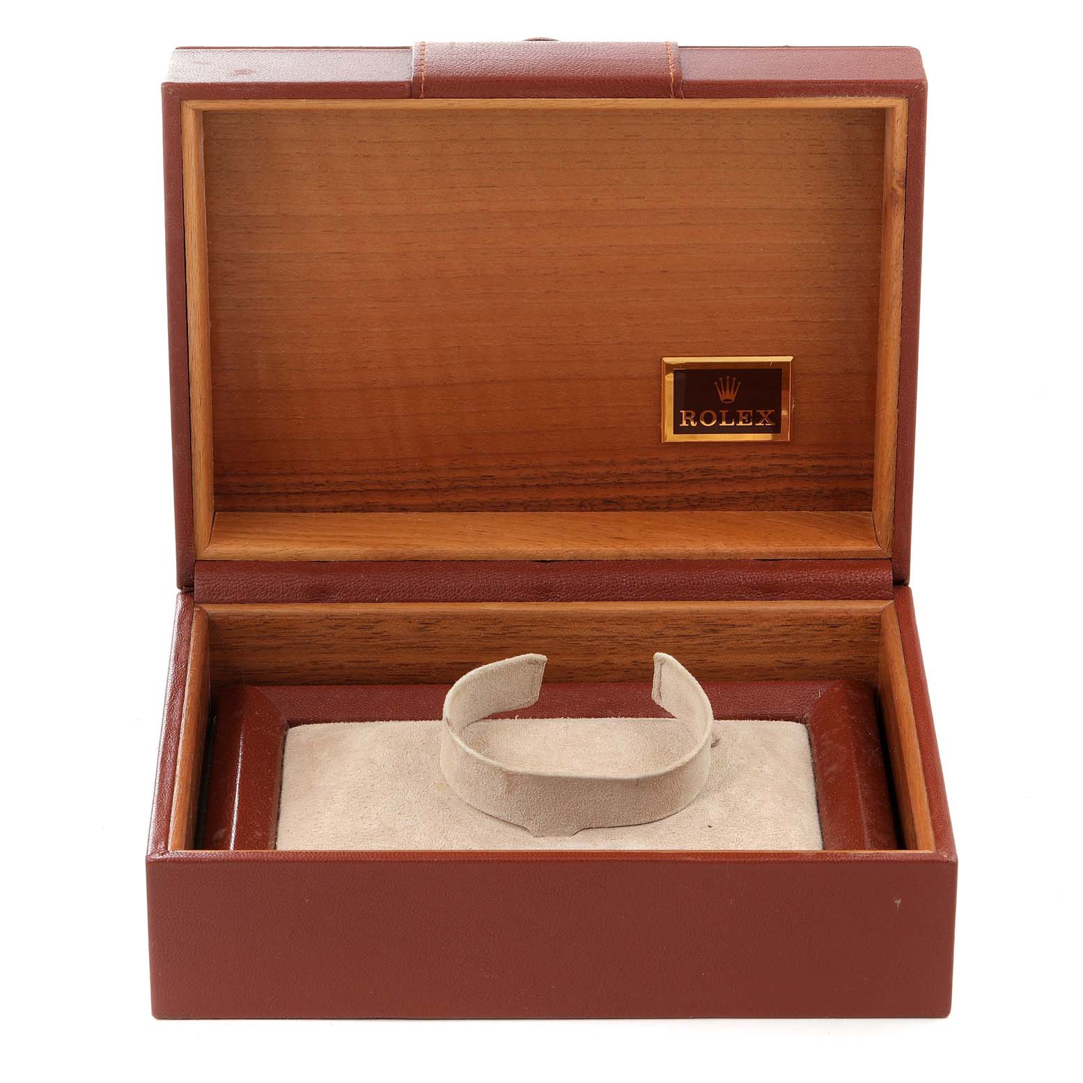 The image shows an open Rolex President 18238 Men's Yellow Gold Champagne Dial 18238 Men's Yellow Gold Champagne Dial model watch box with an interior cushion for the watch.