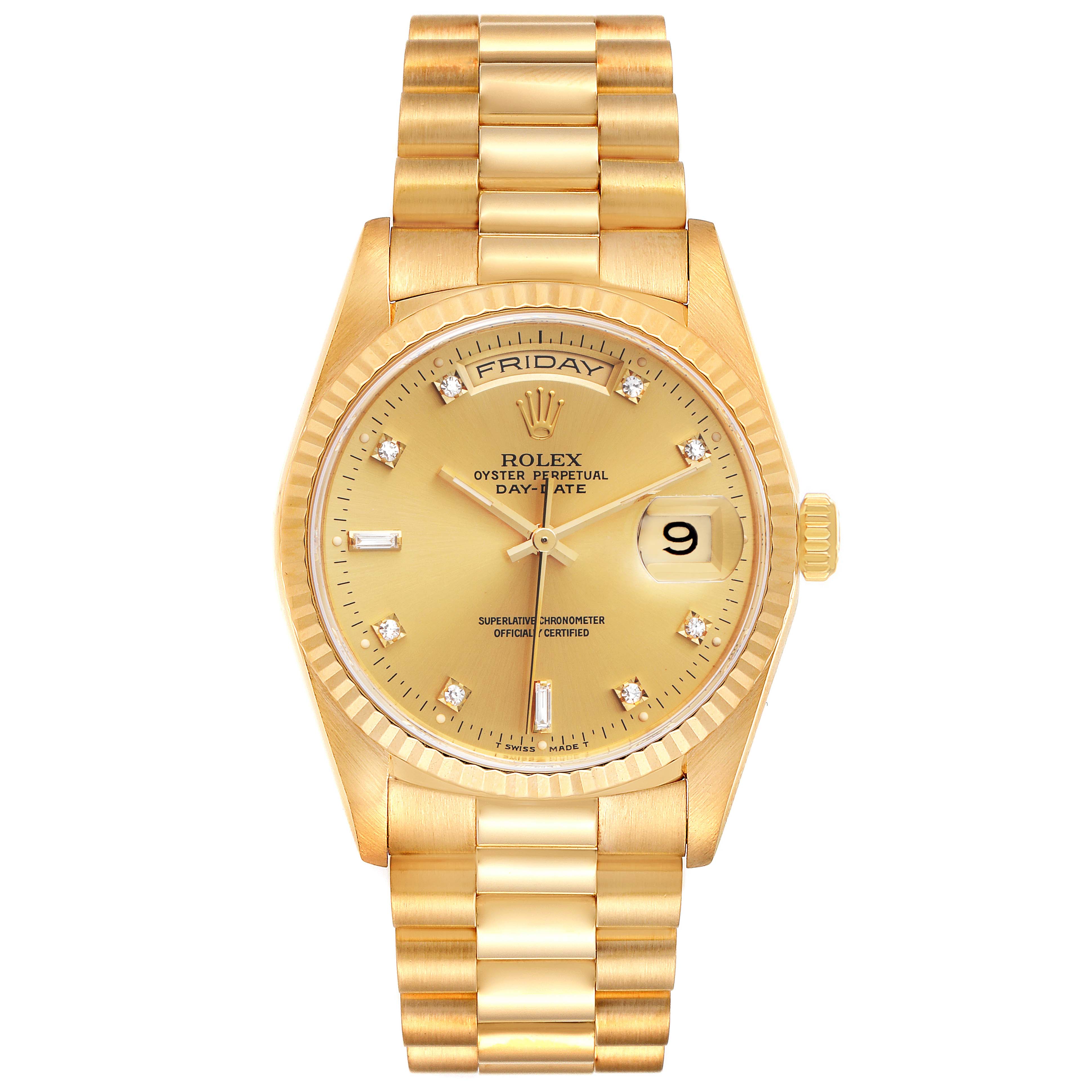 The Rolex President 18238 Men's Yellow Gold Champagne Dial 18238 Men's Yellow Gold Champagne Dial model watch is shown from a top-down angle, displaying the face, band, and day/date features clearly.