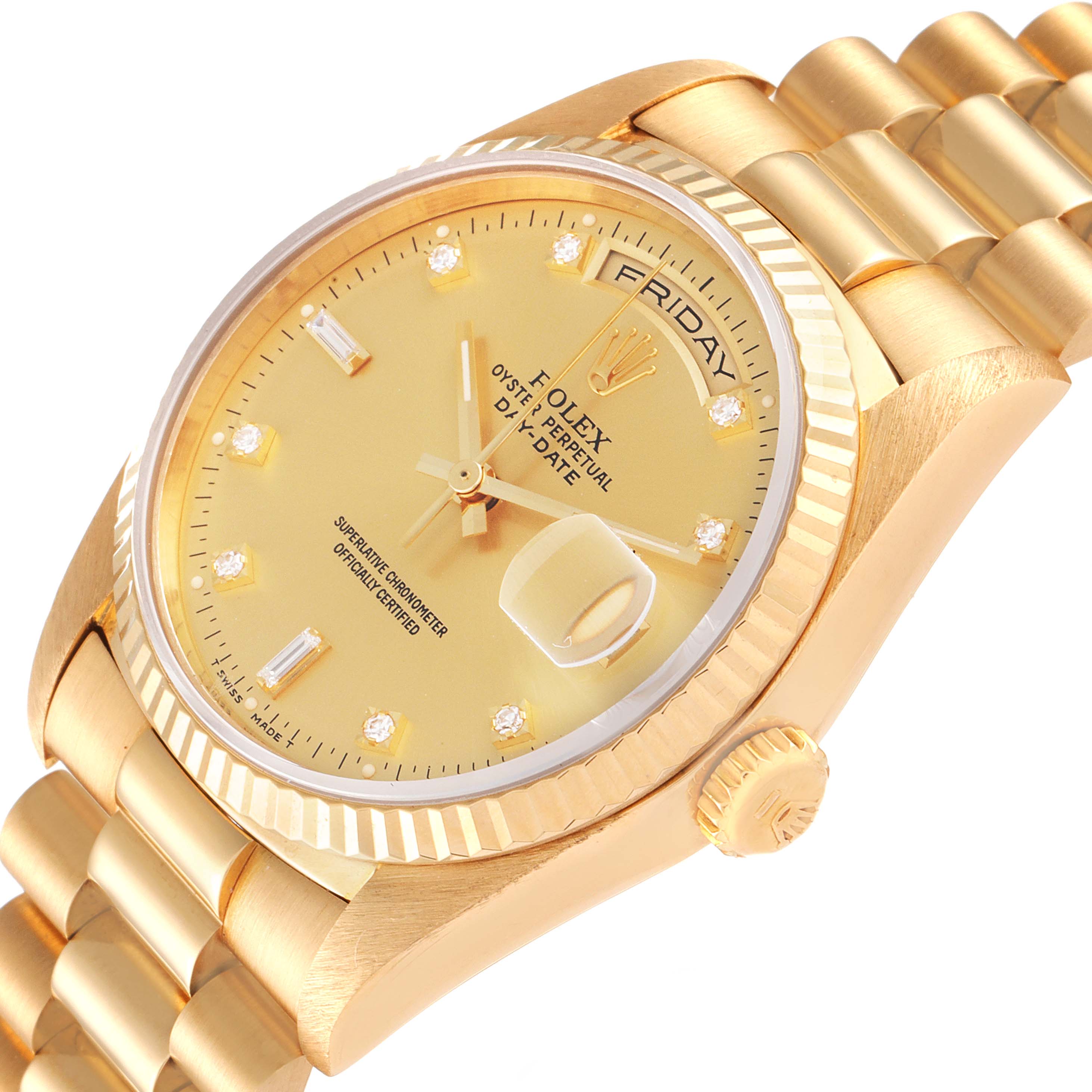 The image shows a close-up angle of the Rolex President 18238 Men's Yellow Gold Champagne Dial 18238 Men's Yellow Gold Champagne Dial model, highlighting its gold case, bezel, dial, and bracelet.