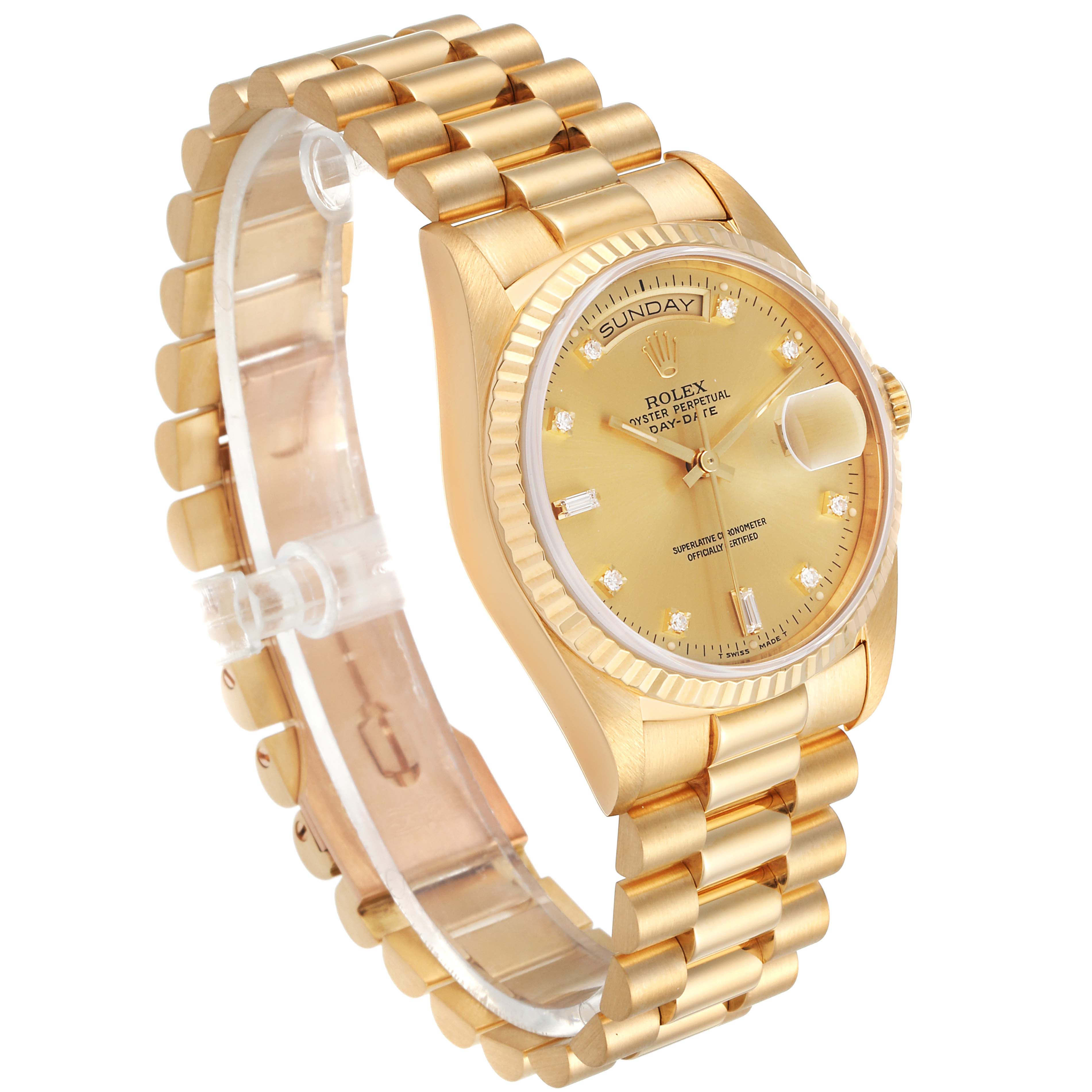 This image shows a side view of a Rolex President 18238 Men
s Yellow Gold Champagne Dial 18238 Men
s Yellow Gold Champagne Dial model, highlighting the band, face, and bezel.