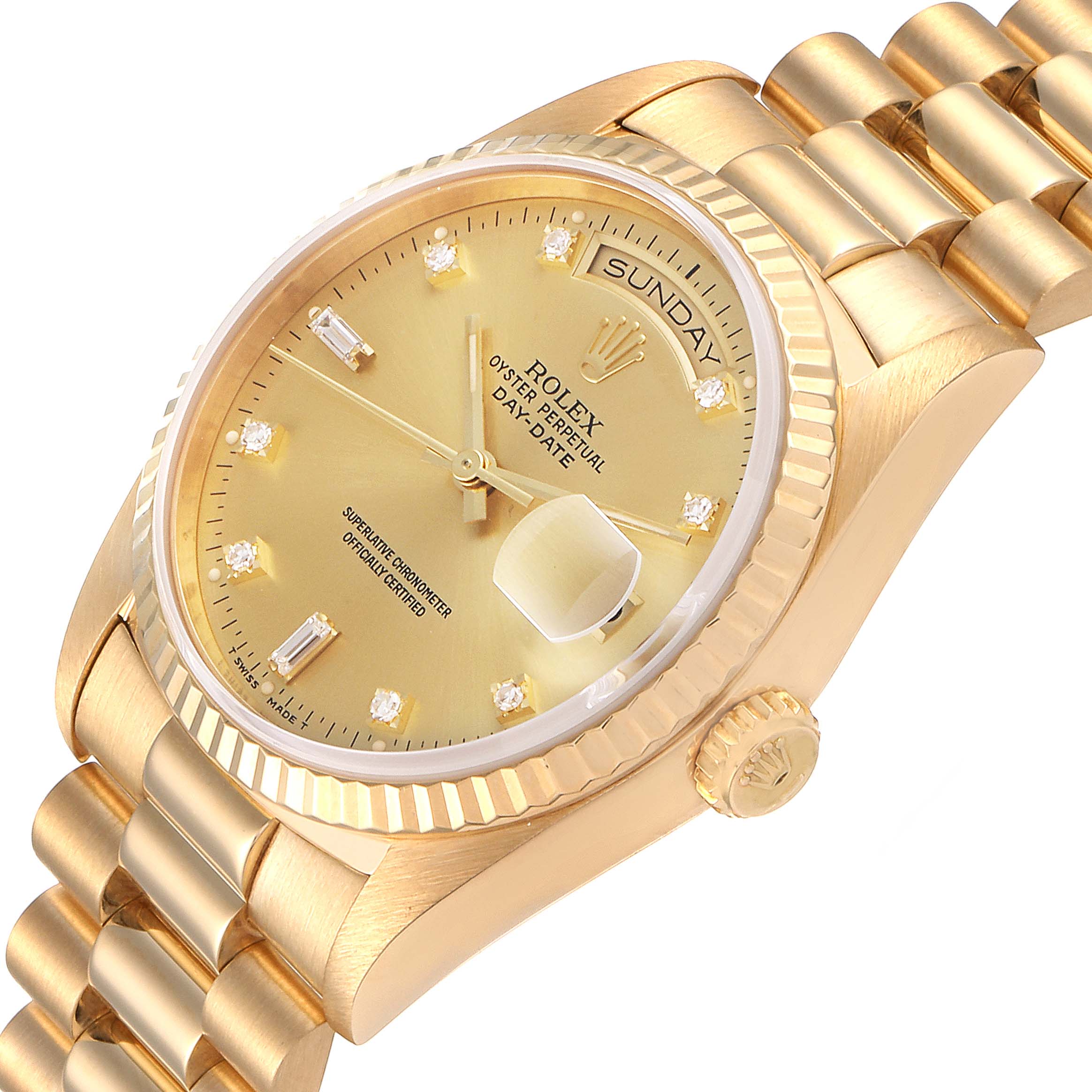 The image shows a close-up angled view of the face, dial, and bracelet of a Rolex President 18238 Men
s Yellow Gold Champagne Dial 18238 Men
s Yellow Gold Champagne Dial model watch.