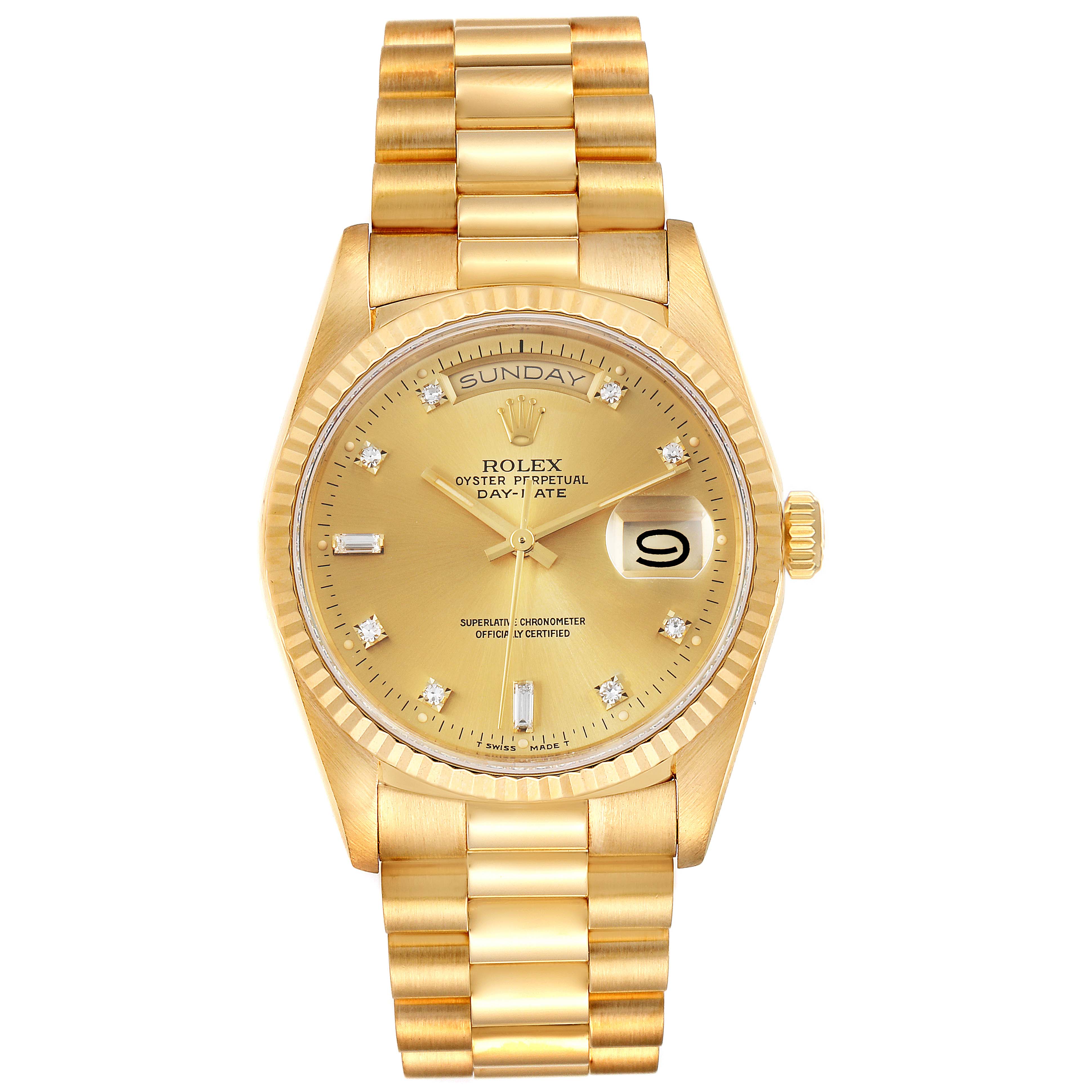 The image shows a frontal view of a Rolex President 18238 Men
s Yellow Gold Champagne Dial 18238 Men
s Yellow Gold Champagne Dial model watch, displaying its dial, bracelet, and crown.