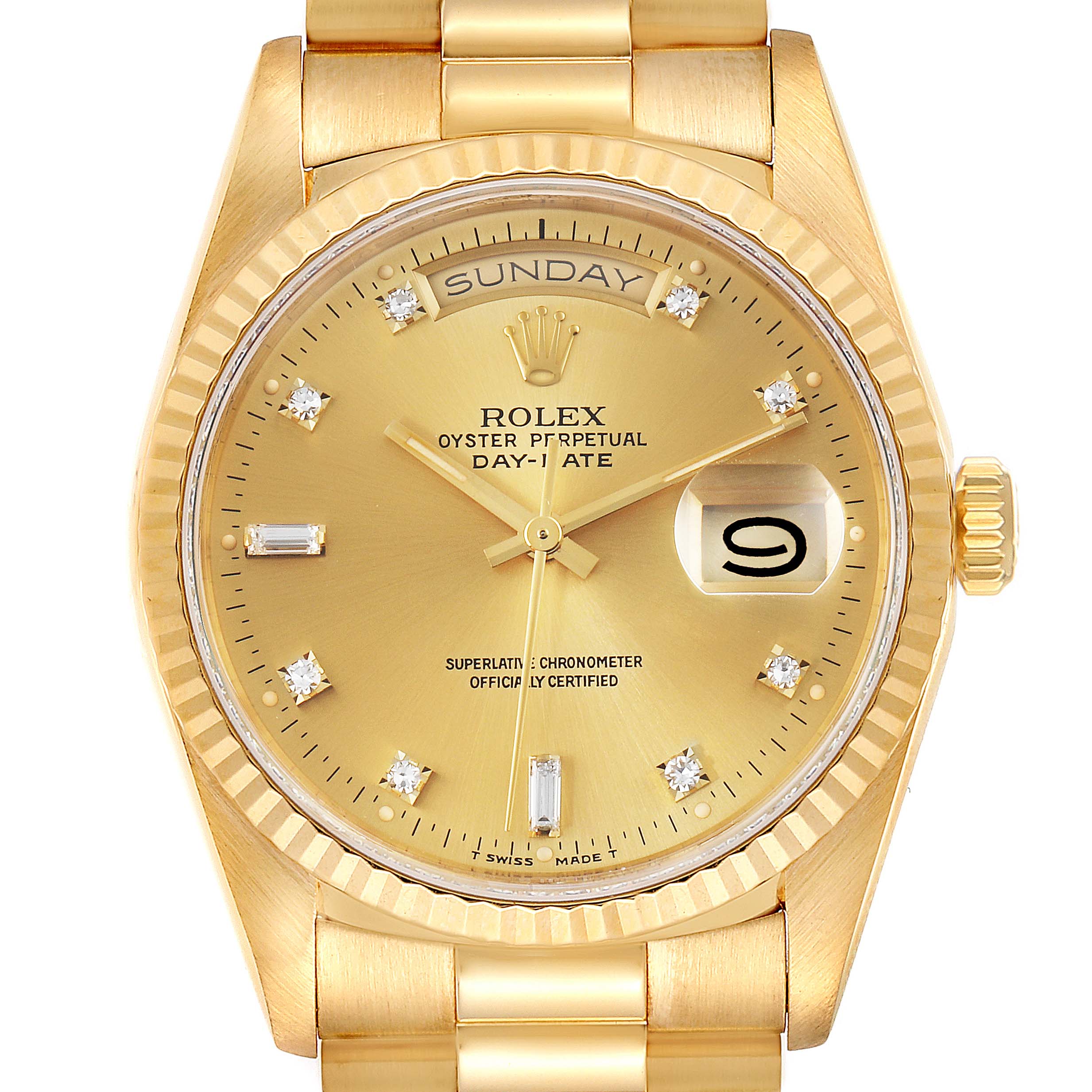 The image shows a front view of the Rolex President 18238 Men
s Yellow Gold Champagne Dial 18238 Men
s Yellow Gold Champagne Dial model watch, displaying the dial, hands, bezel, and part of the bracelet.