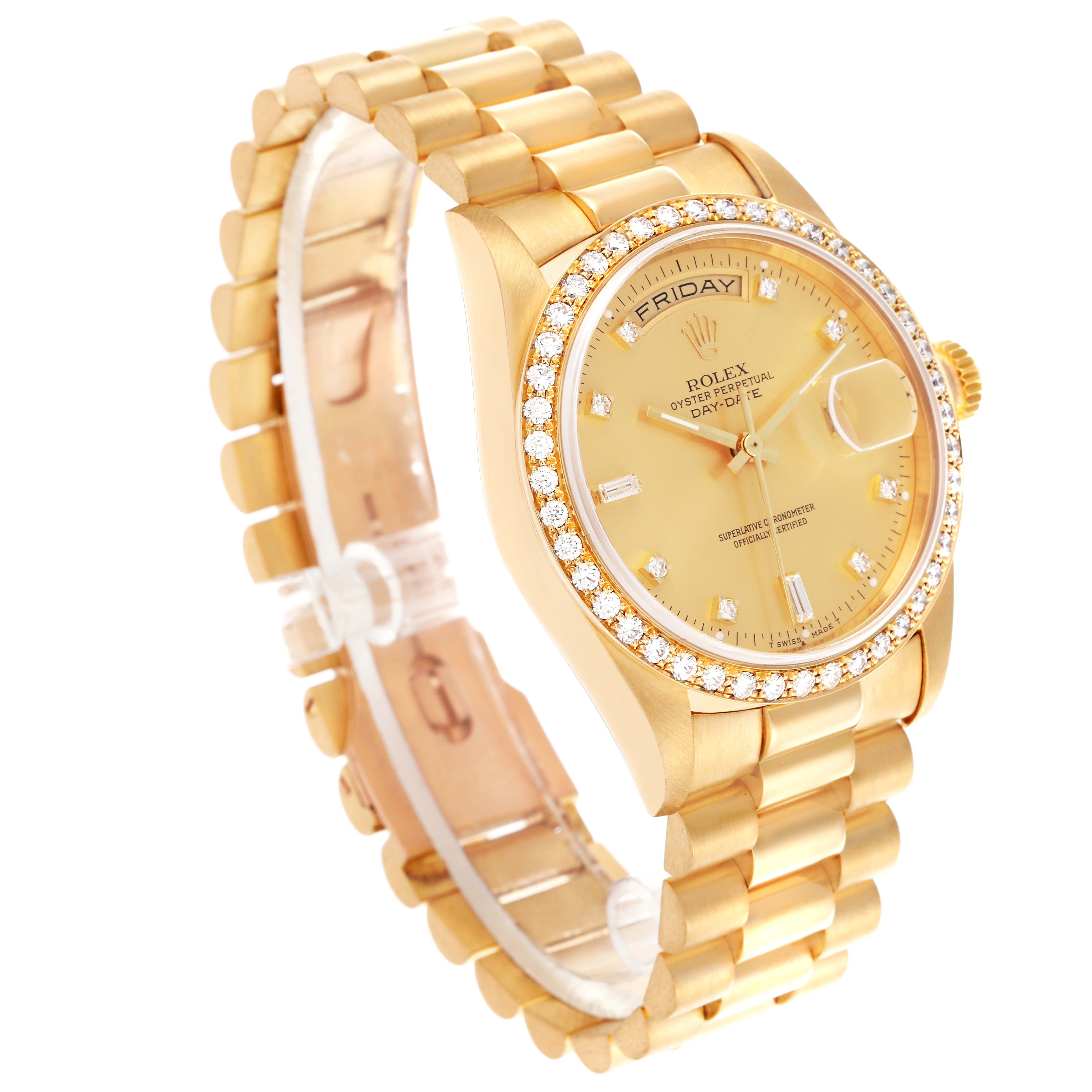The Rolex President 18348 Men
s Yellow Gold Champagne Dial 18348 Men
s Yellow Gold Champagne Dial watch is shown at a three-quarter angle, displaying its diamond bezel and presidential bracelet.