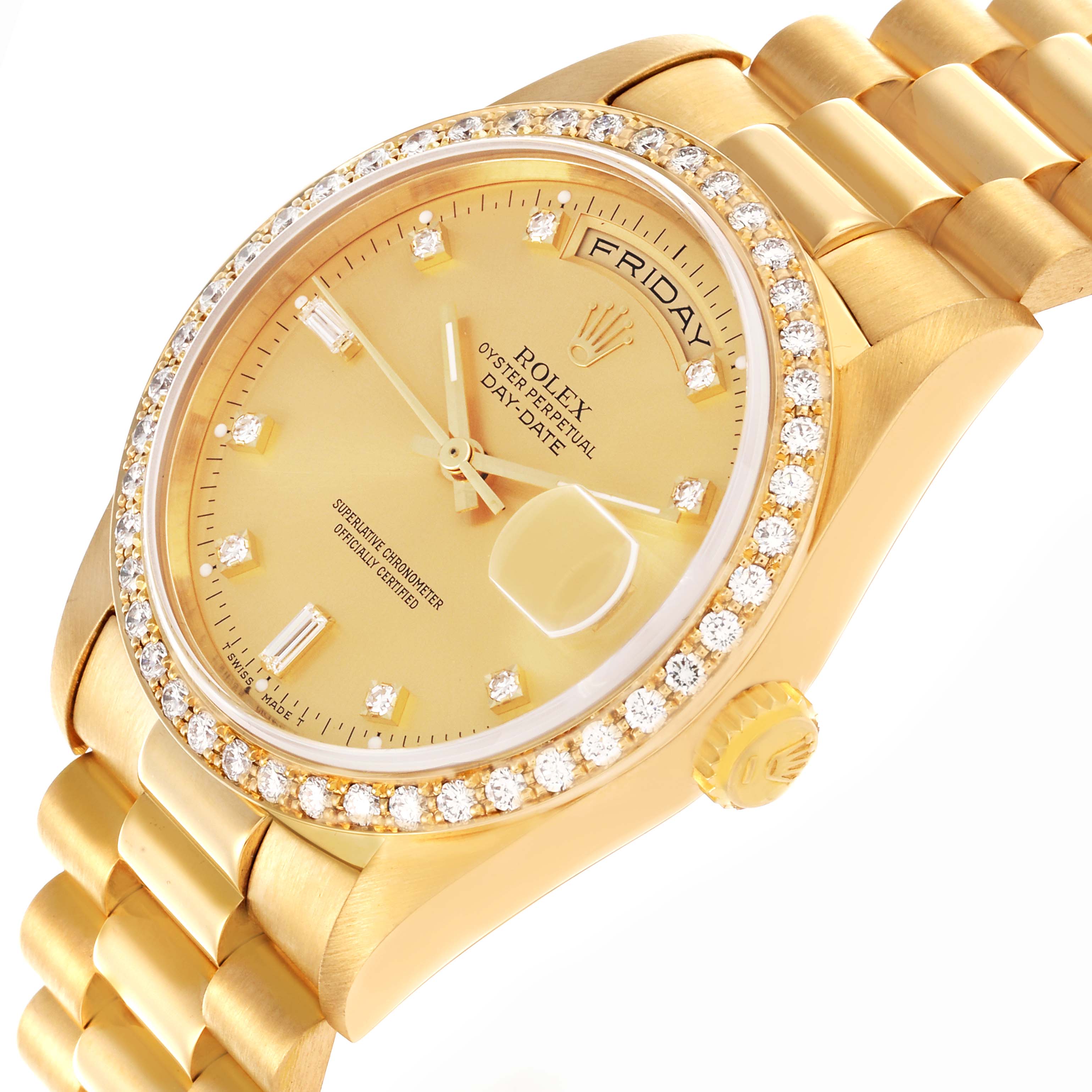 The Rolex President 18348 Men
s Yellow Gold Champagne Dial 18348 Men
s Yellow Gold Champagne Dial watch is shown at a slight angle, highlighting the gold bracelet, diamond-encrusted bezel, and dial with date display.