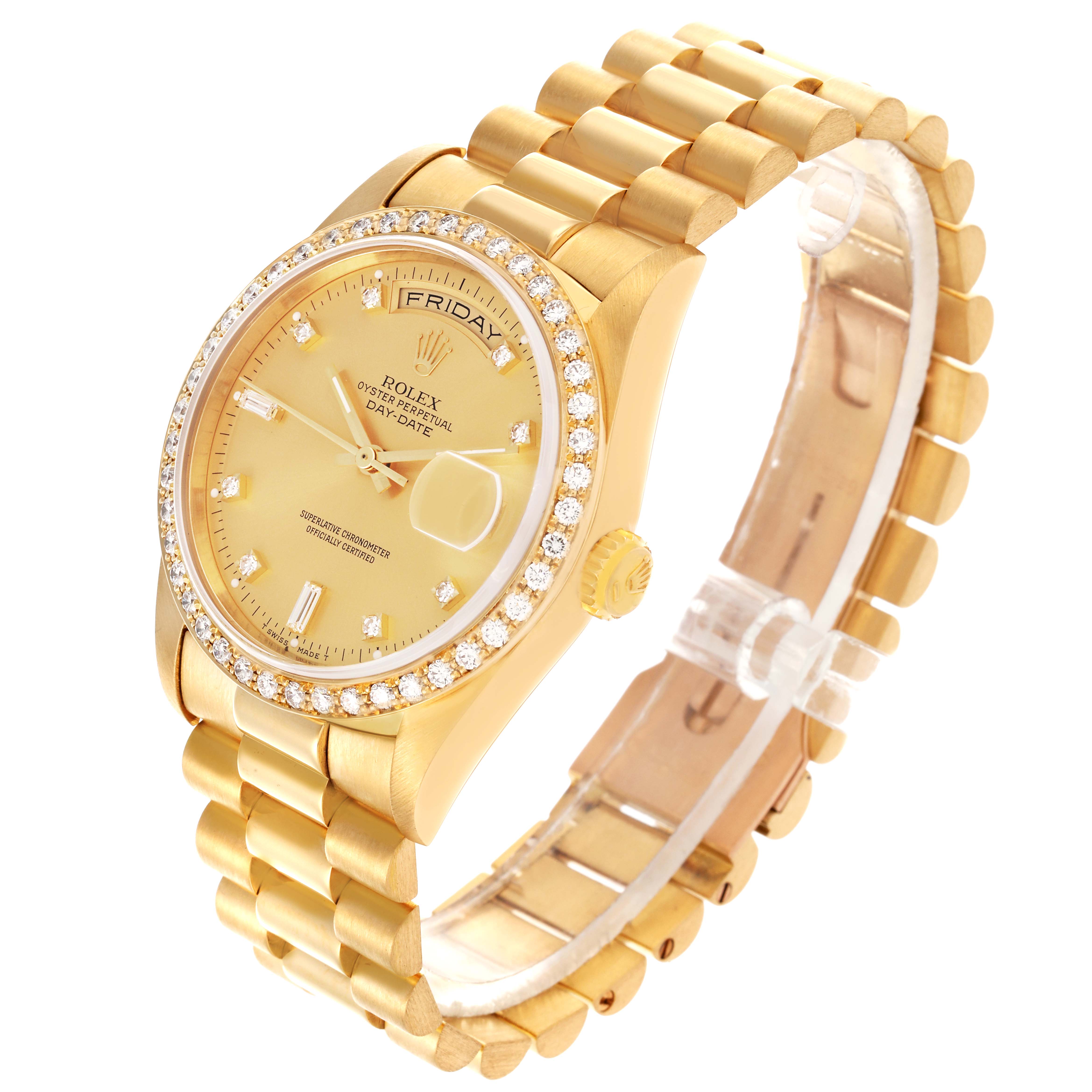 The Rolex President 18348 Men
s Yellow Gold Champagne Dial 18348 Men
s Yellow Gold Champagne Dial model watch is shown at a three-quarter angle, highlighting the face, bezel, and bracelet.