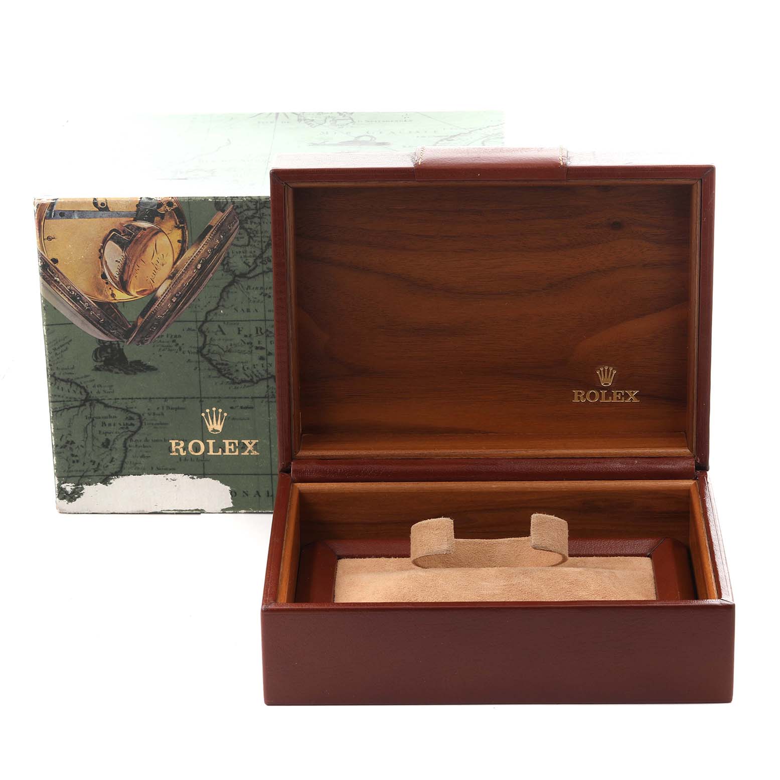 The image shows a Rolex President 18348 Men
s Yellow Gold Champagne Dial 18348 Men
s Yellow Gold Champagne Dial model watch box and outer packaging from a front angle.