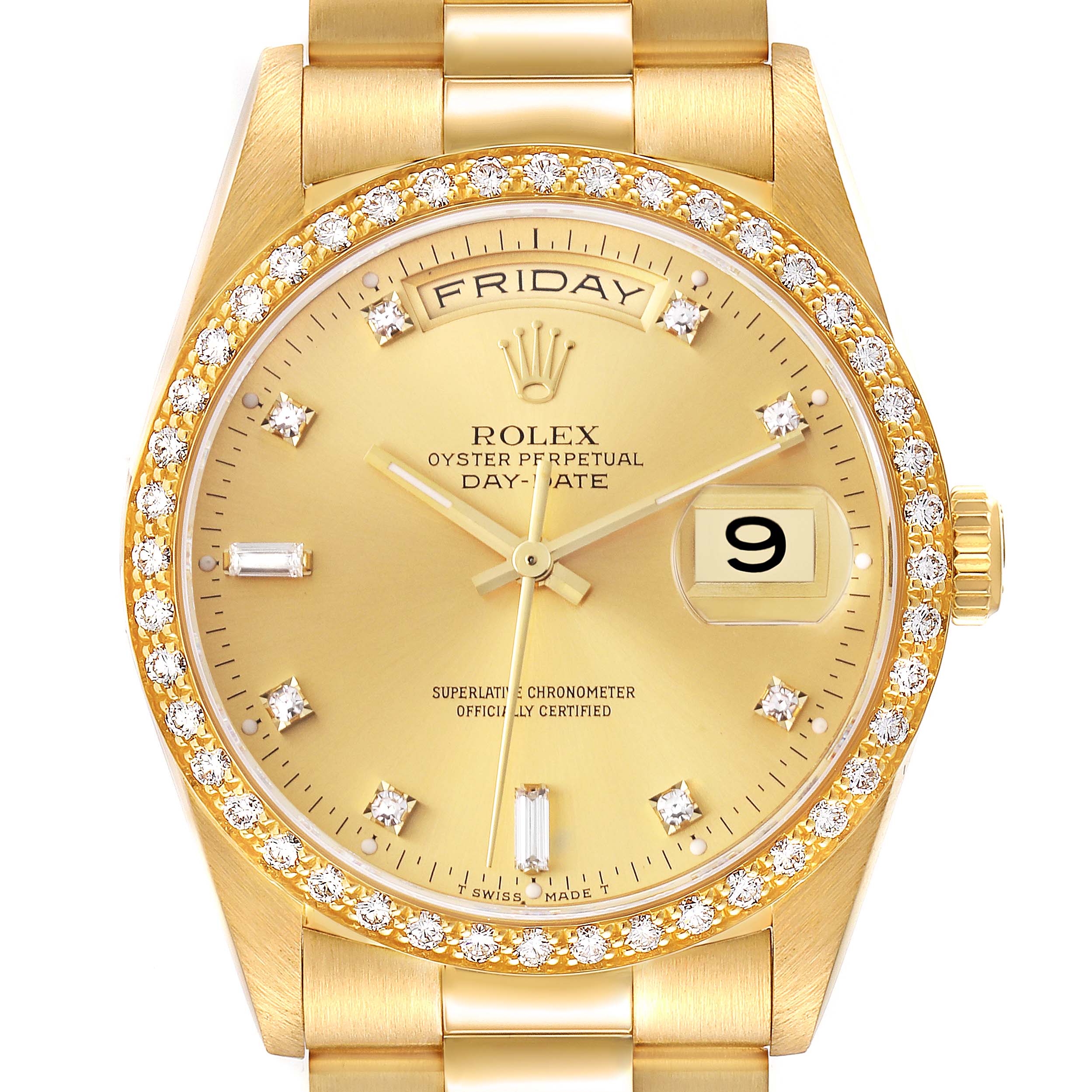 The Rolex President 18348 Men
s Yellow Gold Champagne Dial 18348 Men
s Yellow Gold Champagne Dial model is shown from the front, highlighting the gold bezel, diamond markers, and day-date features.