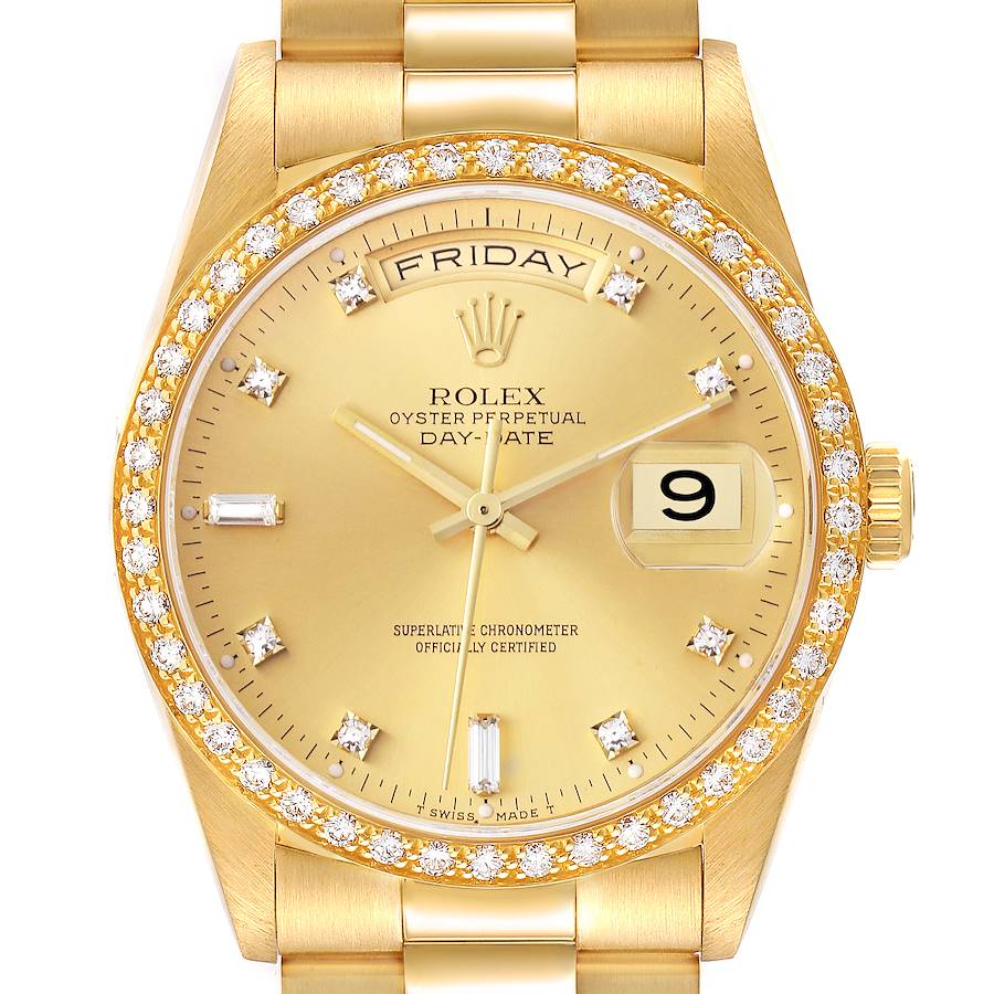 The Rolex President model is shown from the front, highlighting the gold bezel, diamond markers, and day-date features.