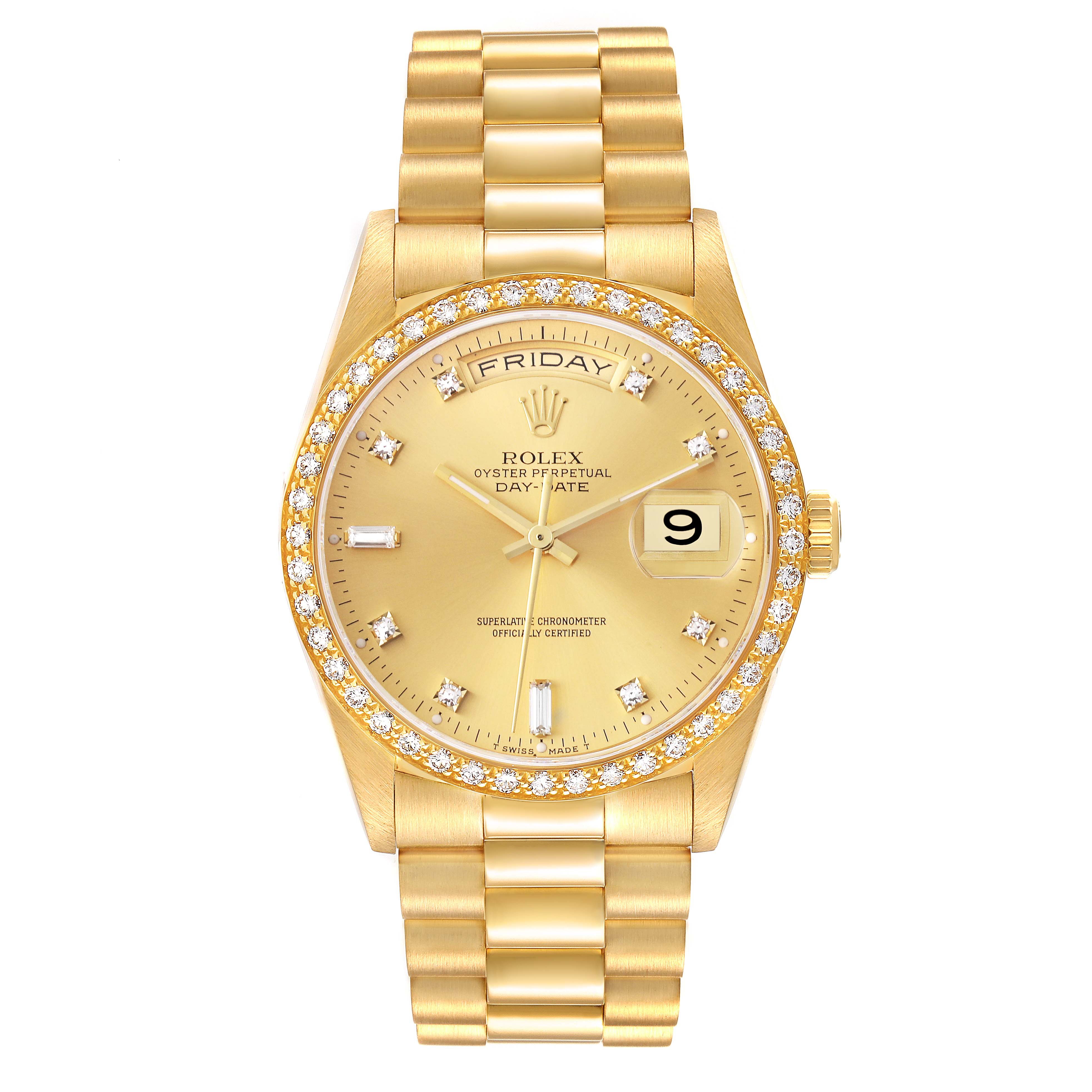 The Rolex President 18348 Men
s Yellow Gold Champagne Dial 18348 Men
s Yellow Gold Champagne Dial model is shown head-on, displaying the full face, bezel, and part of the bracelet.