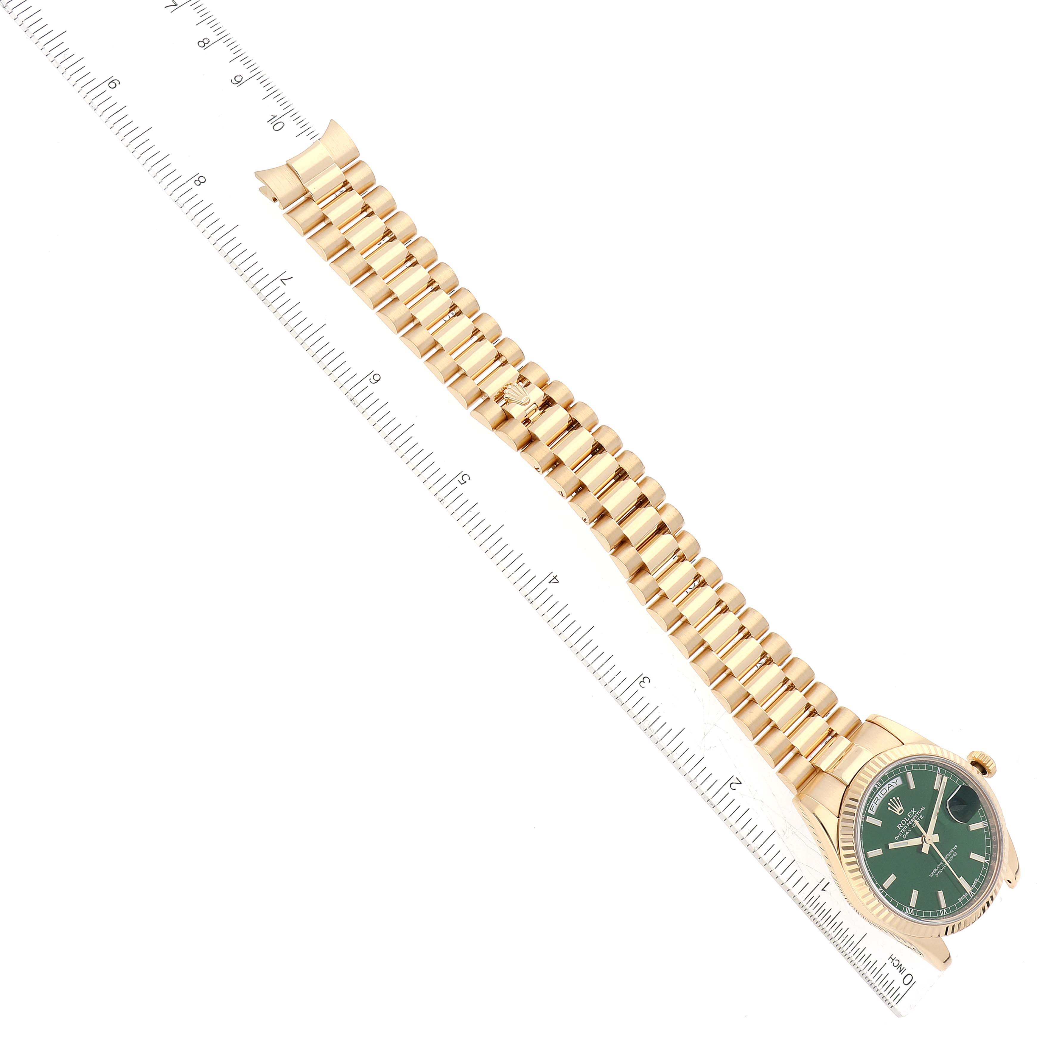 The image shows a Rolex President 118238 Men's Yellow Gold Green Dial 118238 Men's Yellow Gold Green Dial model watch, viewed from above, with the full bracelet and face visible, alongside a measurement ruler.