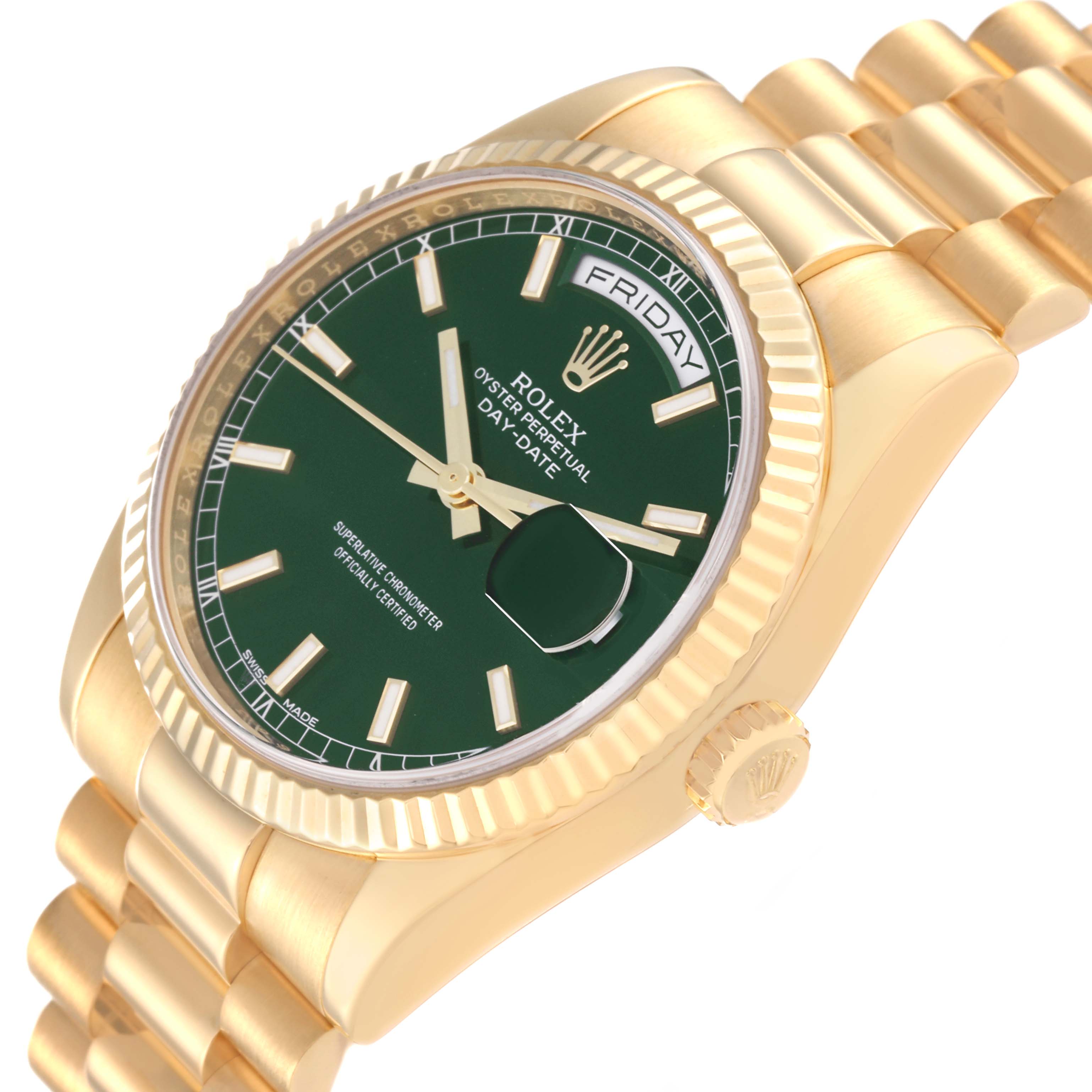 The image shows a side angle of a Rolex President 118238 Men's Yellow Gold Green Dial 118238 Men's Yellow Gold Green Dial model, displaying the green dial, fluted bezel, and part of the bracelet.