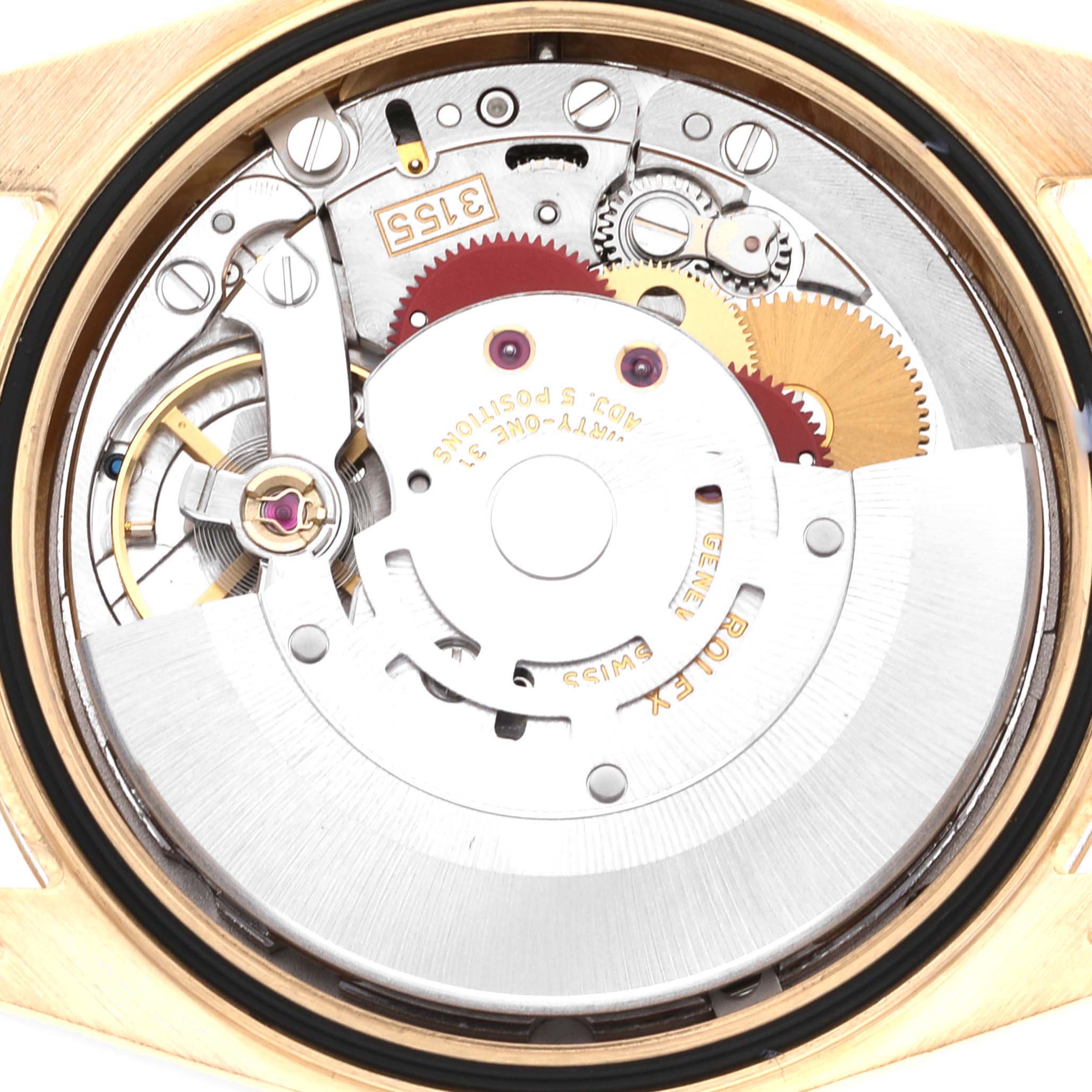 This image shows the inner movement and mechanics of the Rolex President 118238 Men's Yellow Gold Green Dial 118238 Men's Yellow Gold Green Dial model watch from a rear angle.