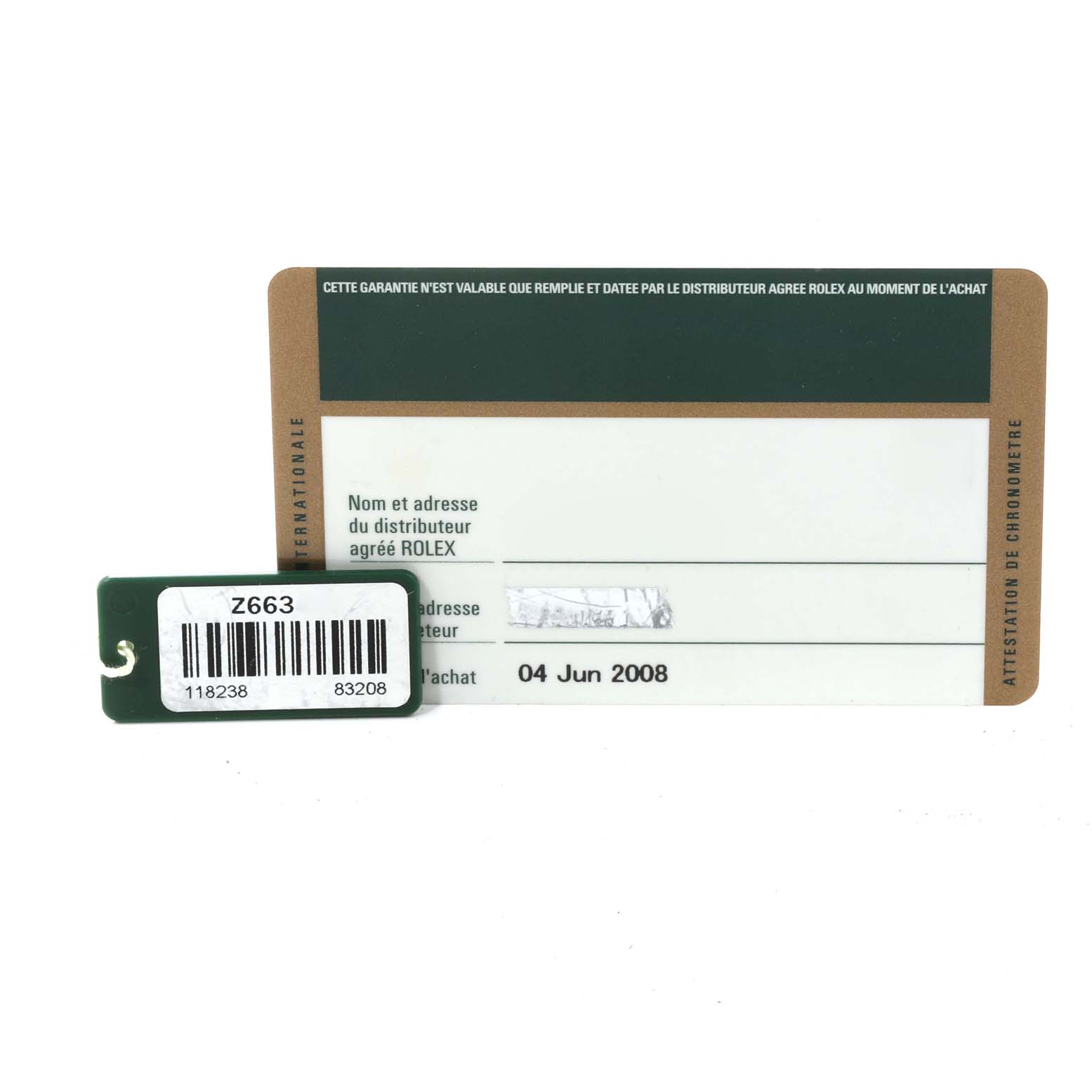 The image shows a warranty card and a tag for a Rolex President 118238 Men's Yellow Gold Green Dial 118238 Men's Yellow Gold Green Dial model watch, dated 04 June 2008.