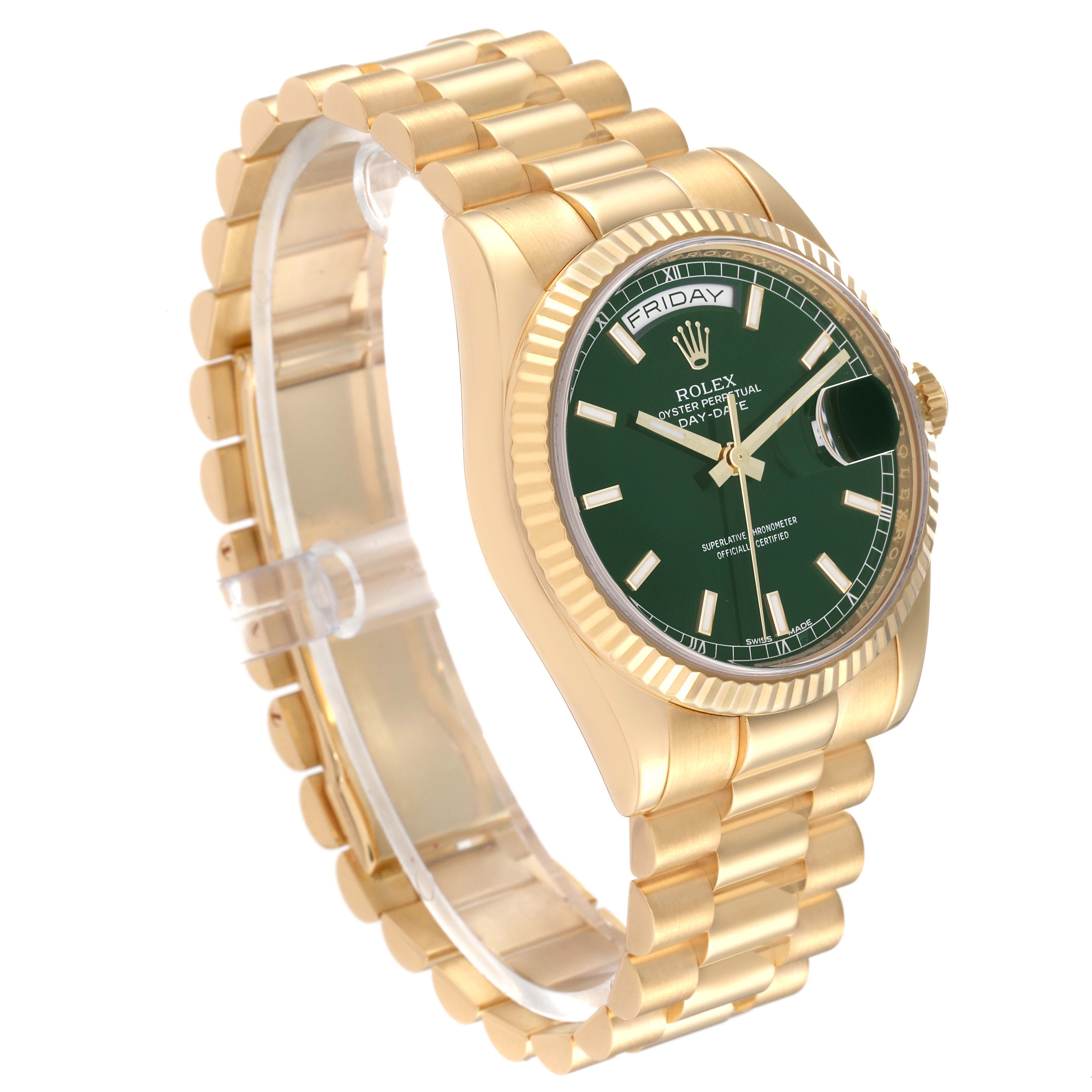 This image shows a side angle of the Rolex President 118238 Men's Yellow Gold Green Dial 118238 Men's Yellow Gold Green Dial model watch with a green dial and gold bracelet.