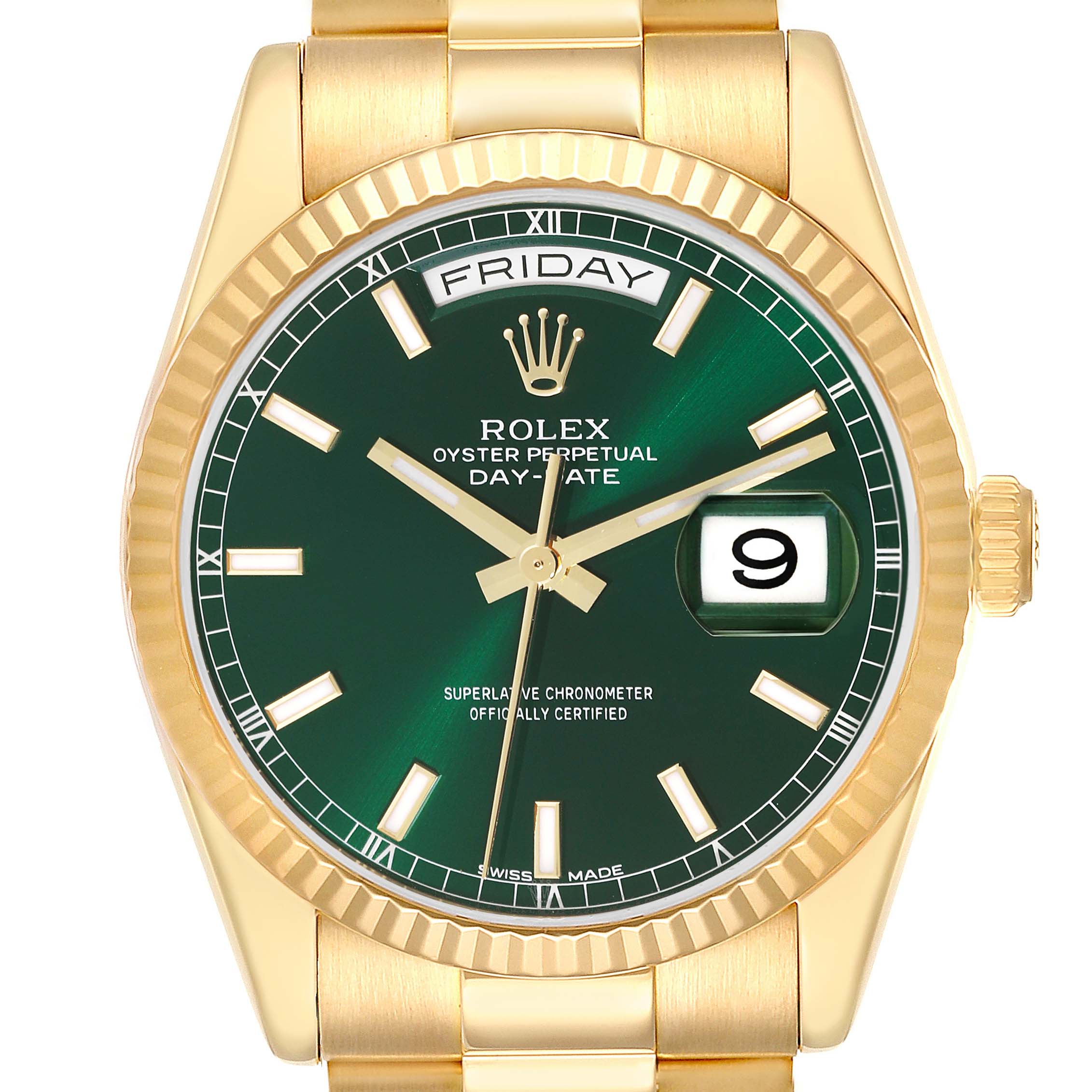 This image shows a front-facing view of a Rolex President 118238 Men's Yellow Gold Green Dial 118238 Men's Yellow Gold Green Dial model watch, highlighting its green dial, gold case, and day-date display.