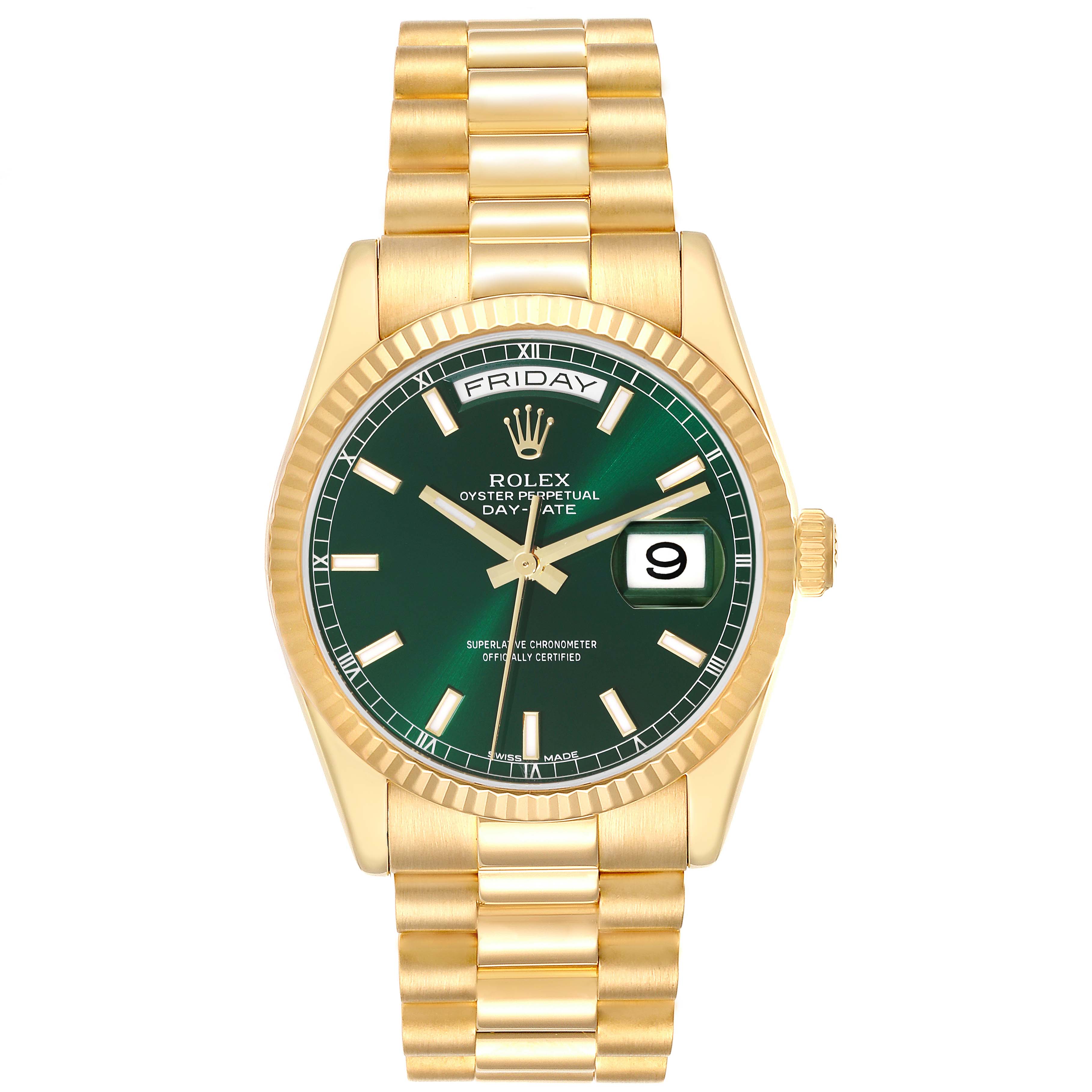 This is a front view of the Rolex President 118238 Men's Yellow Gold Green Dial 118238 Men's Yellow Gold Green Dial model watch, showing the face, bezel, and bracelet.